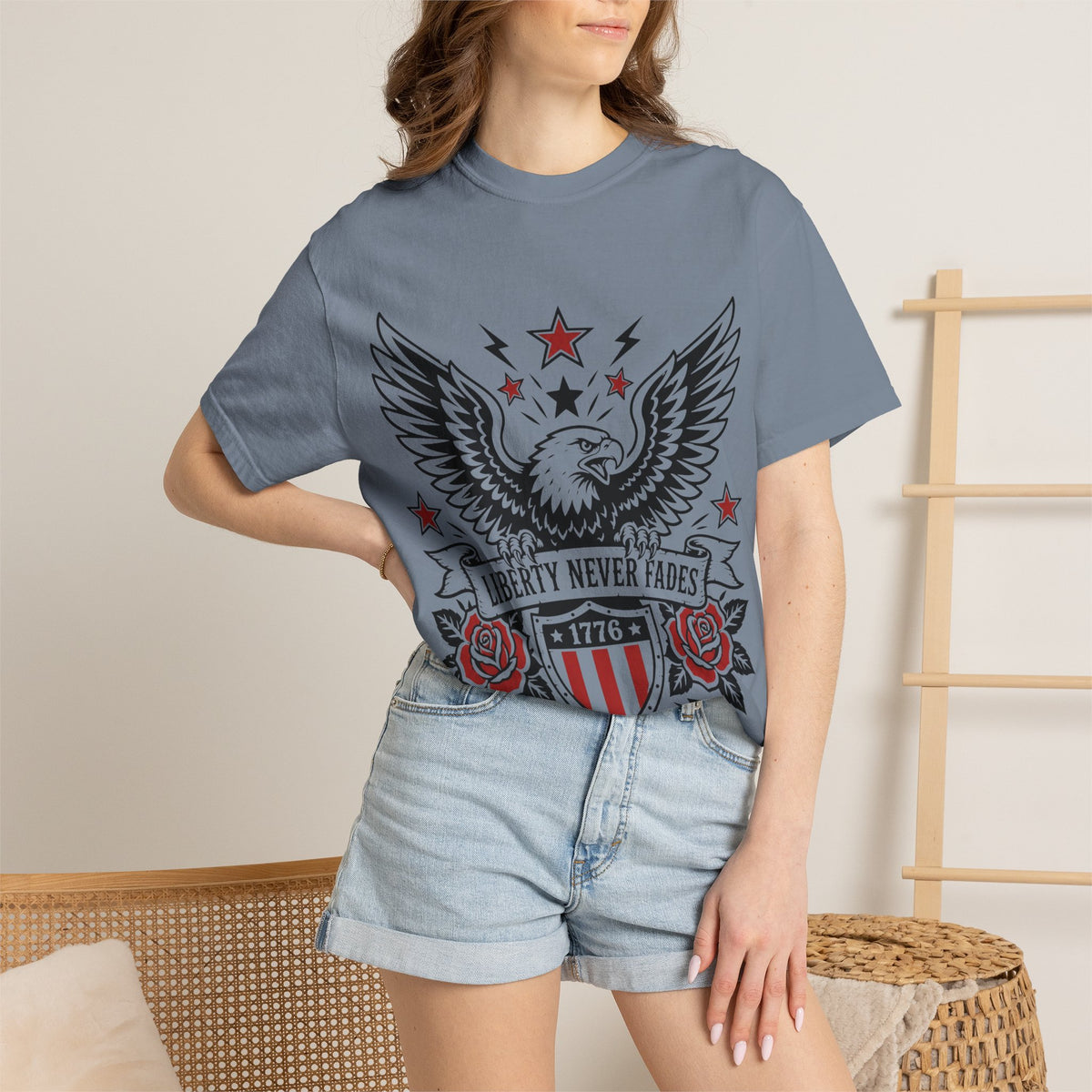 Liberty Never Fades Eagle T-Shirt — Patriotic 1776 Shield Tee