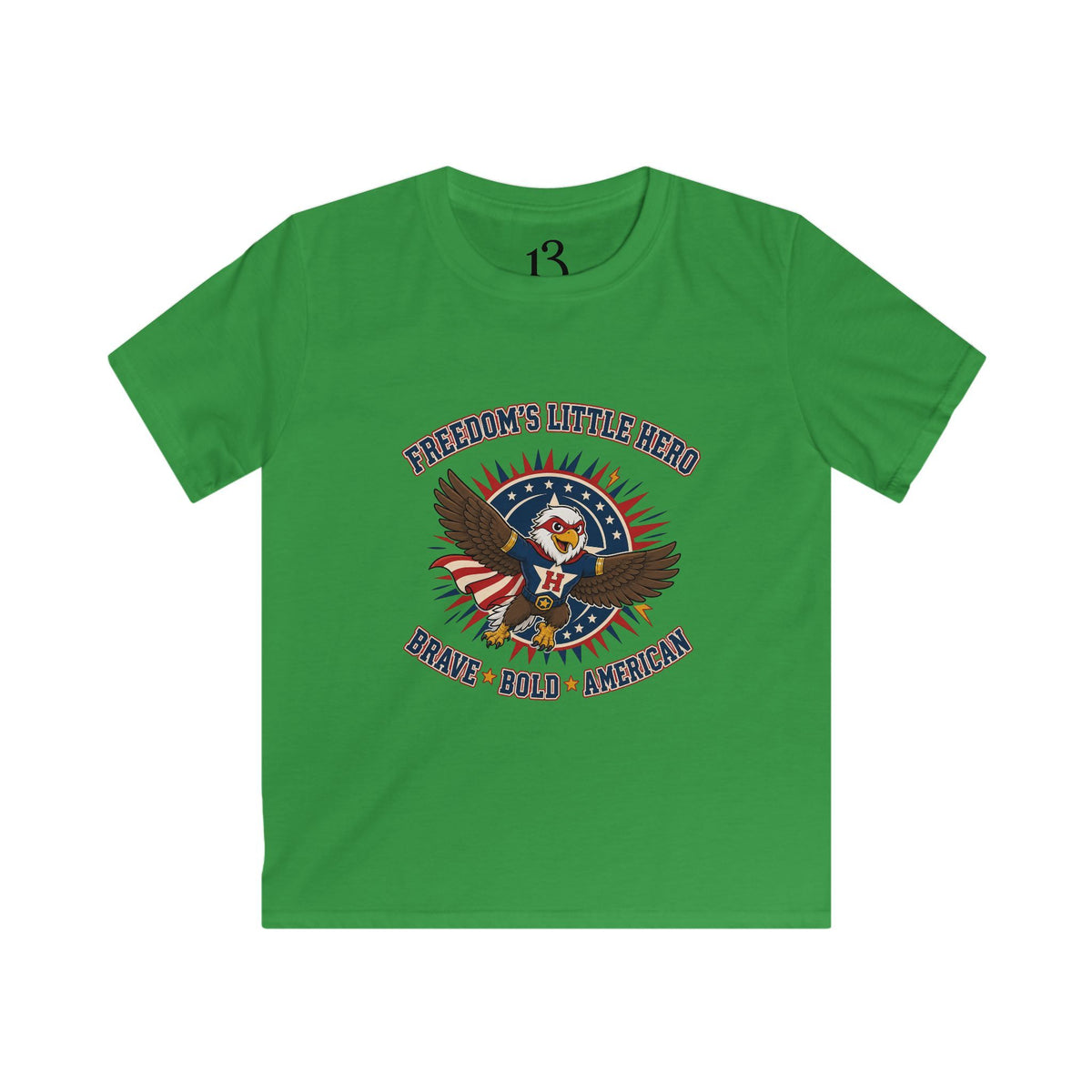 Front view of Irish green kids T-shirt with a superhero eagle and “Freedom’s Little Hero — Brave, Bold, American” lettering.