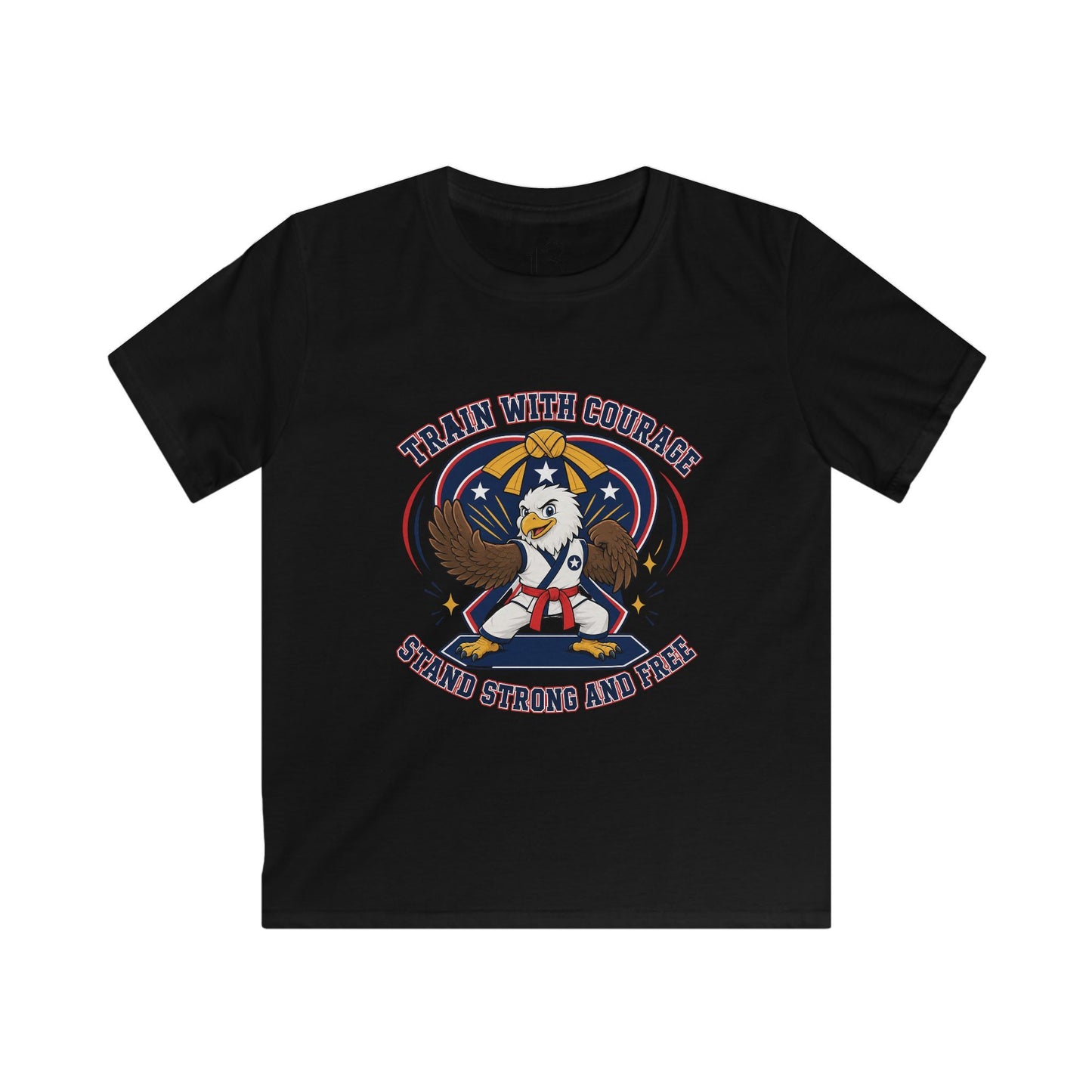 Kids Tee — "Train With Courage, Stand Strong And Free" Patriotic Martial Arts Penguin Design