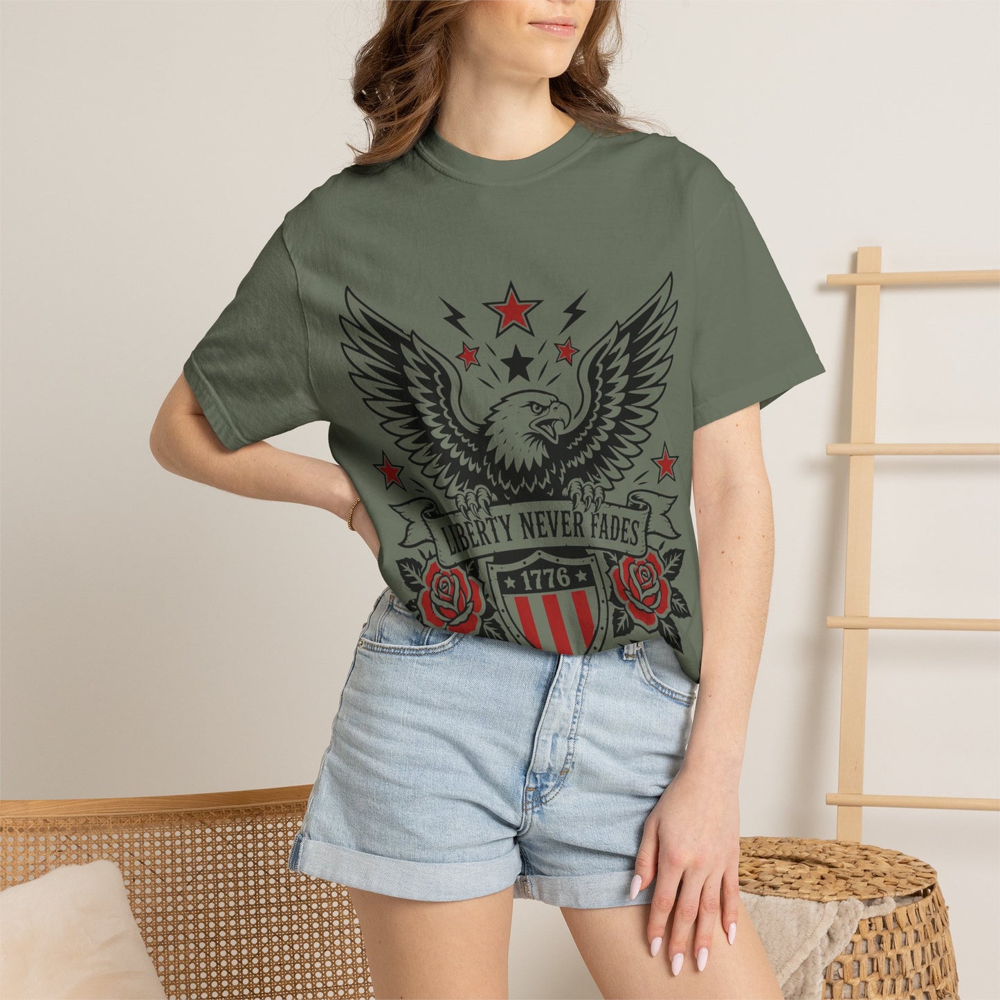 Liberty Never Fades Eagle T-Shirt — Patriotic 1776 Shield Tee