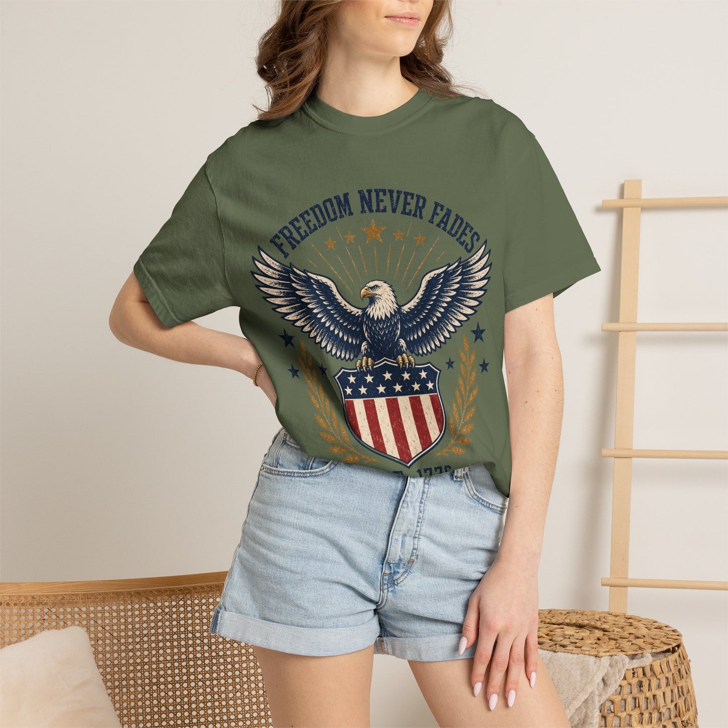 Freedom Never Fades T-Shirt — Vintage Eagle Shield Patriotic Tee (Est. 1776)