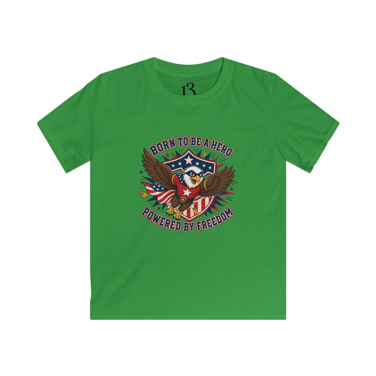 Front view of Irish green kids T-shirt with a patriotic superhero eagle and “Born to Be a Hero, Powered by Freedom” lettering.