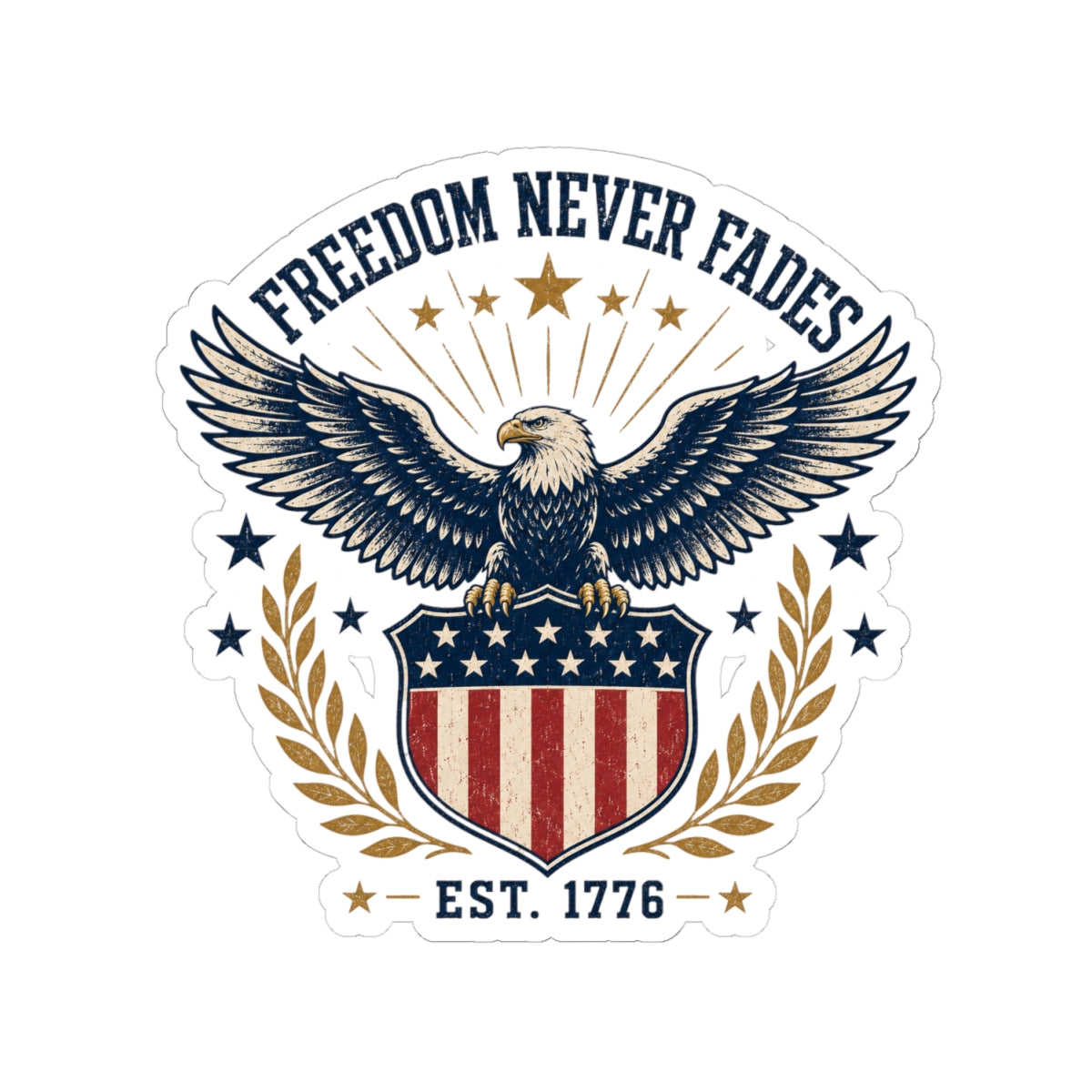 Freedom Never Fades Eagle Sticker — Patriotic Kiss-Cut Decal (Est. 1776)