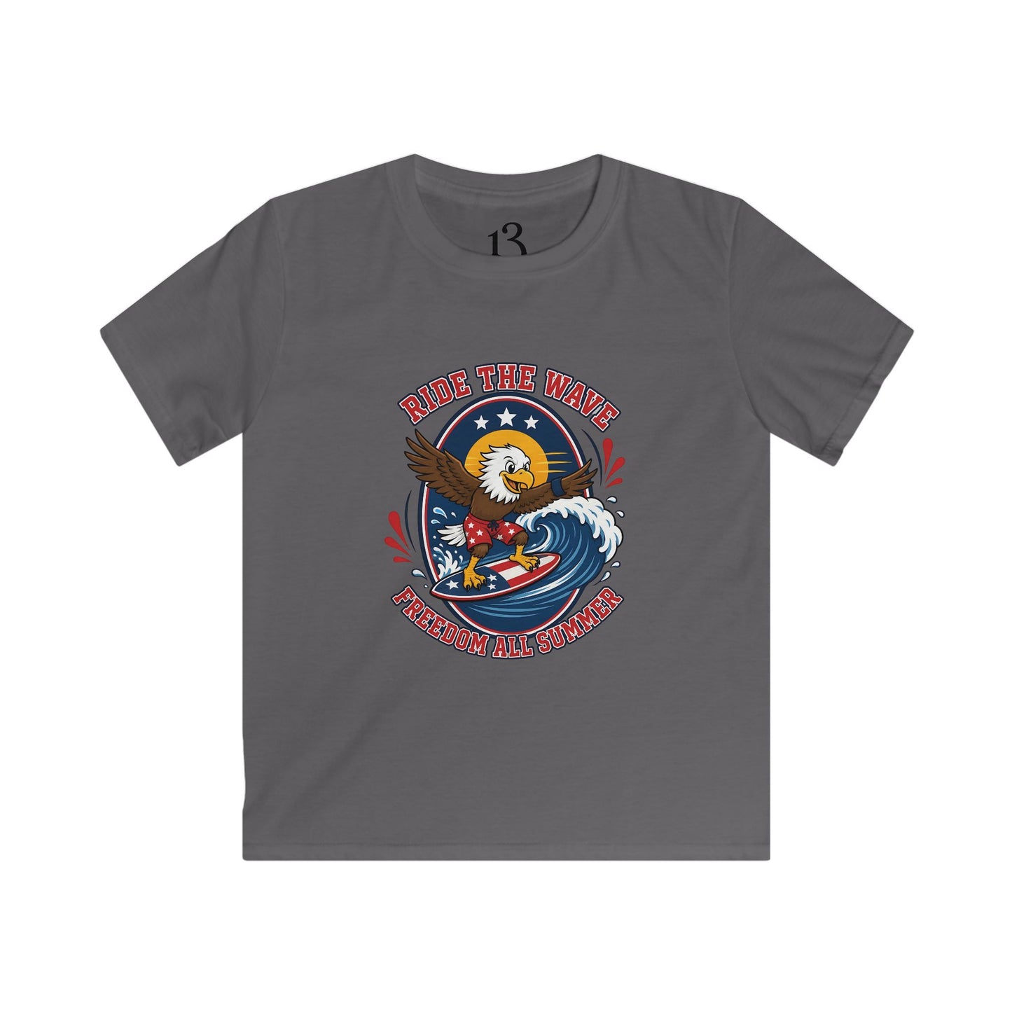Kids T-Shirt — "Ride the Wave" Patriotic Eagle Surf Design