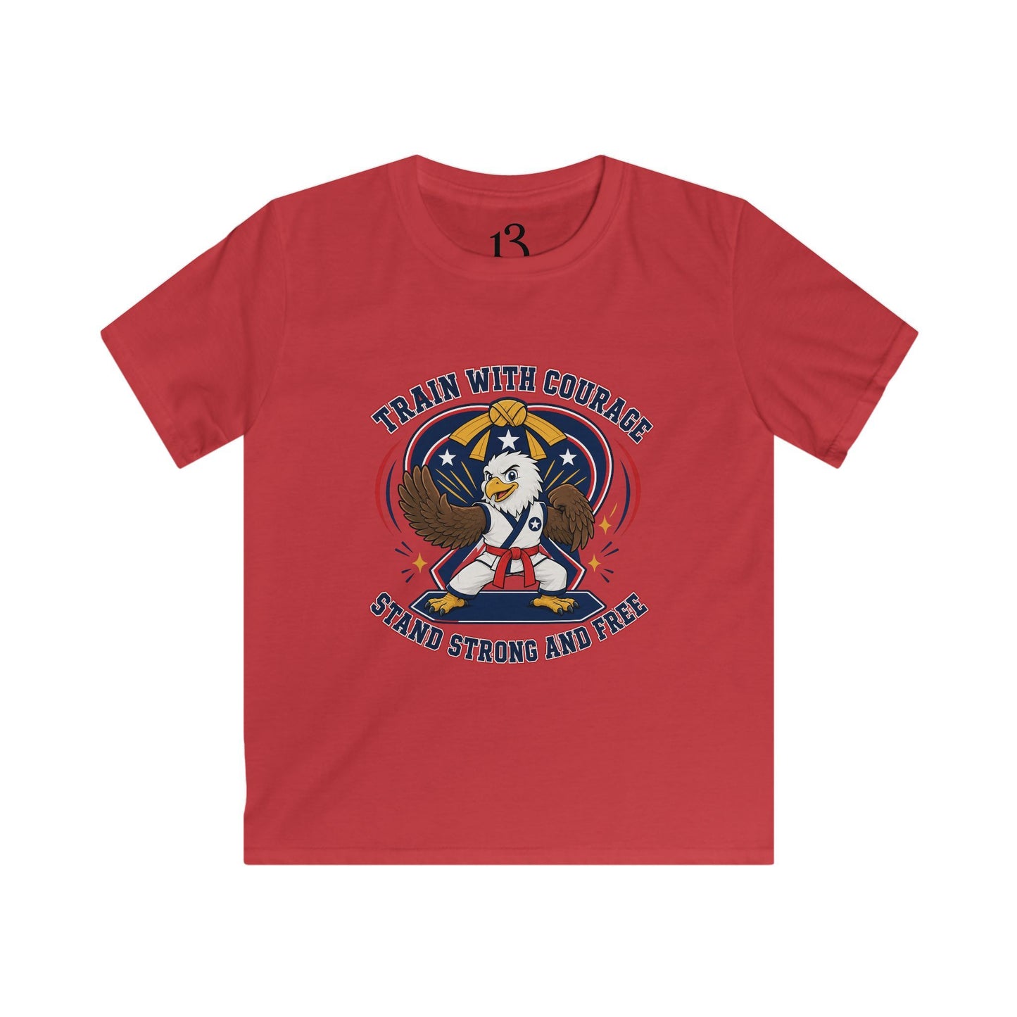 Kids Tee — "Train With Courage, Stand Strong And Free" Patriotic Martial Arts Penguin Design