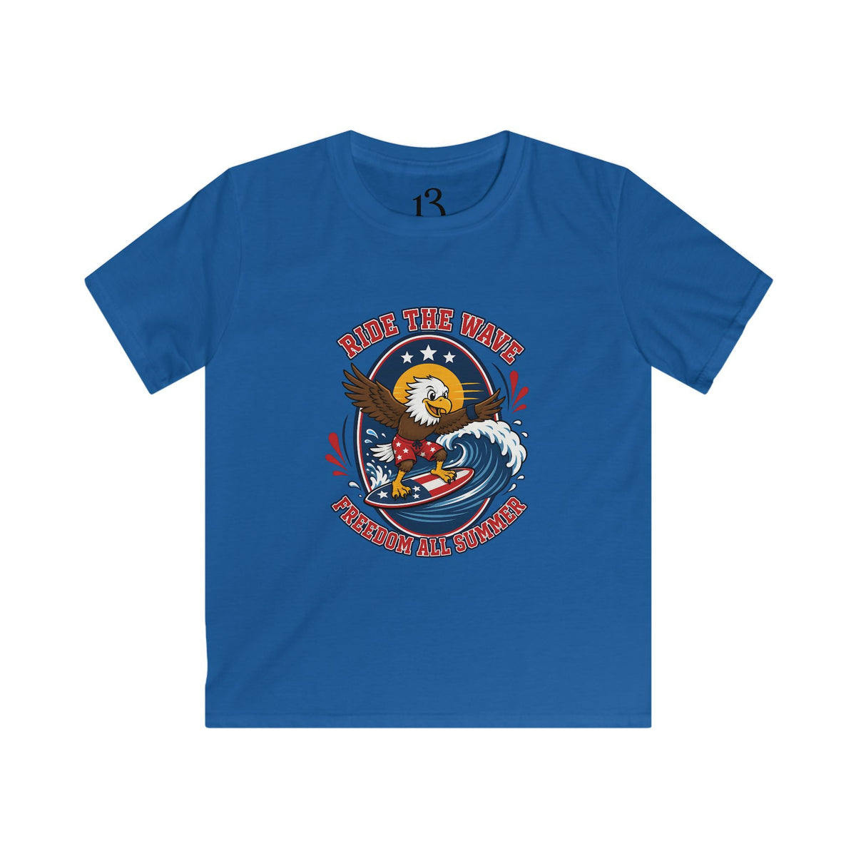 Kids T-Shirt — "Ride the Wave" Patriotic Eagle Surf Design