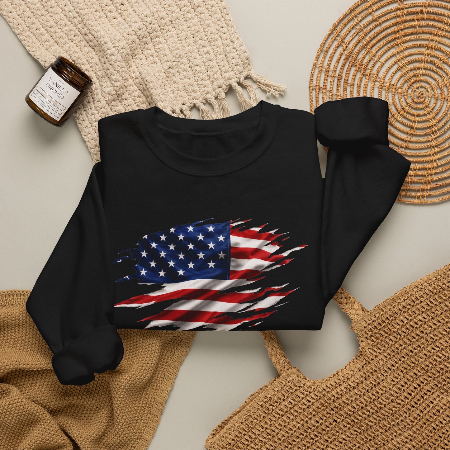 Distressed American Flag Crewneck Sweatshirt – Patriotic USA Pullover