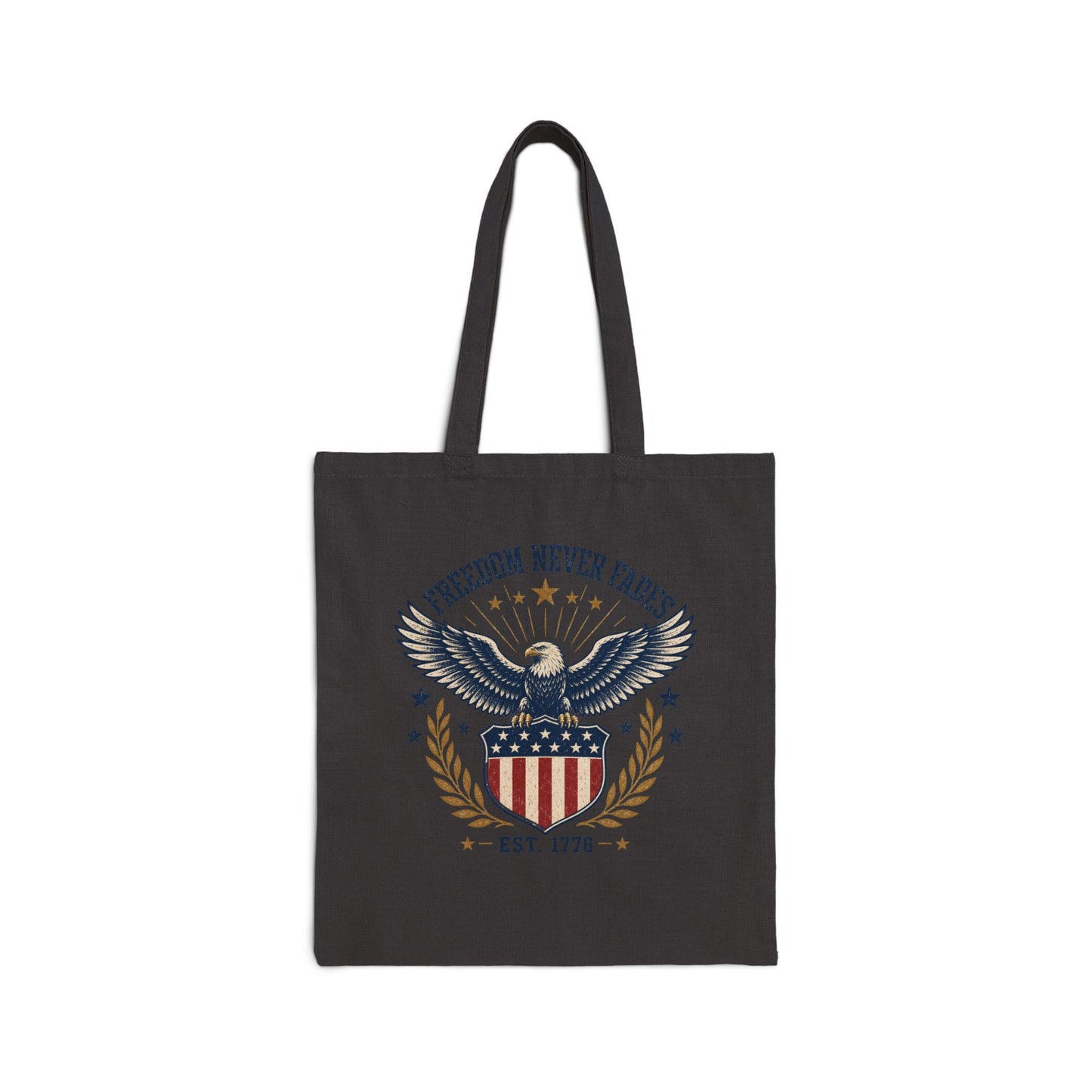 Patriotic Eagle Tote Bag — "Freedom Never Fades" Cotton Canvas Shopping Tote