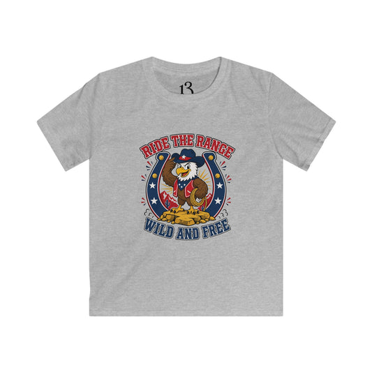 Kids Ride the Range Wild and Free T-shirt with cartoon cowboy eagle
