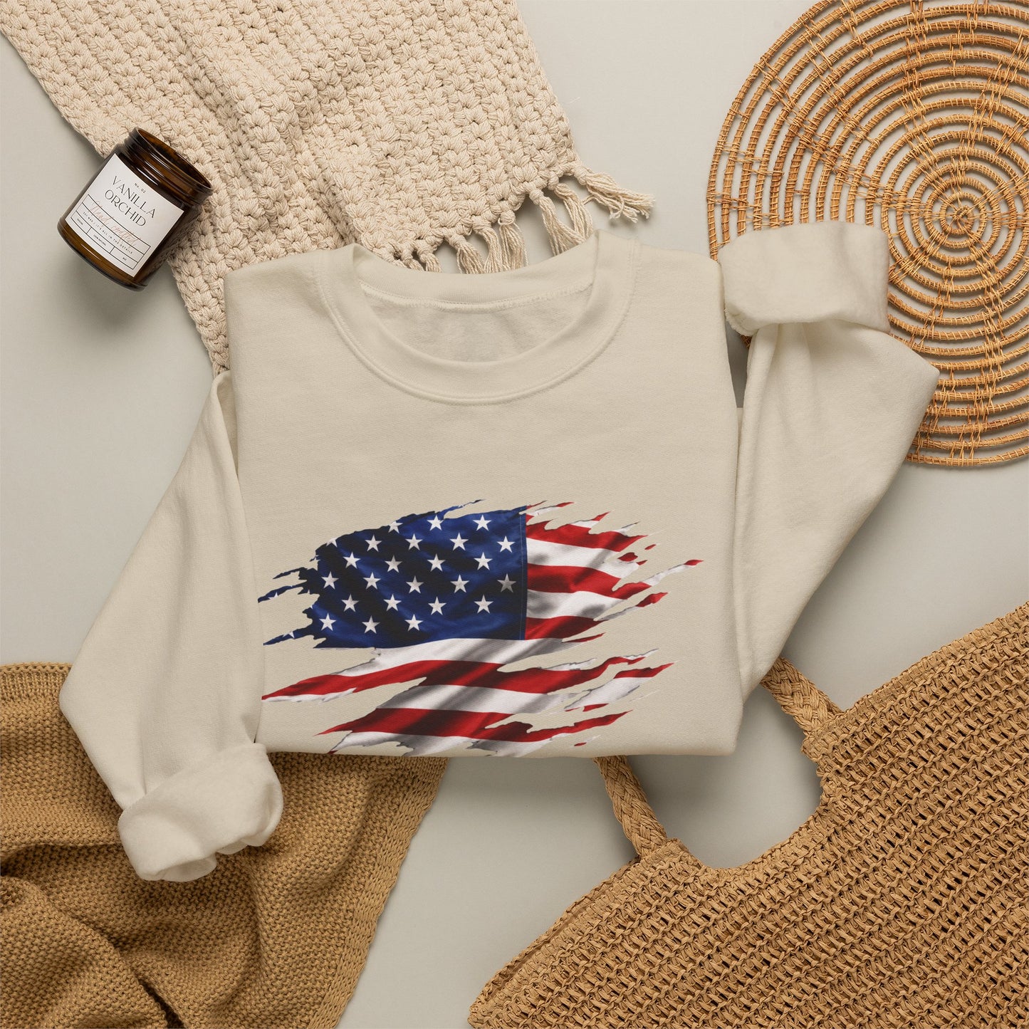 Distressed American Flag Crewneck Sweatshirt – Patriotic USA Pullover