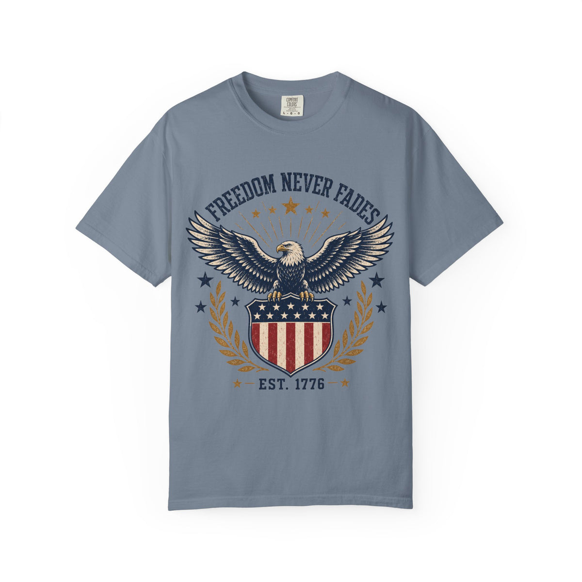 Freedom Never Fades T-Shirt — Vintage Eagle Shield Patriotic Tee (Est. 1776)