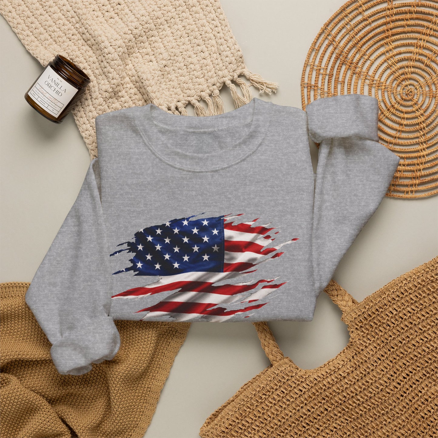Distressed American Flag Crewneck Sweatshirt – Patriotic USA Pullover