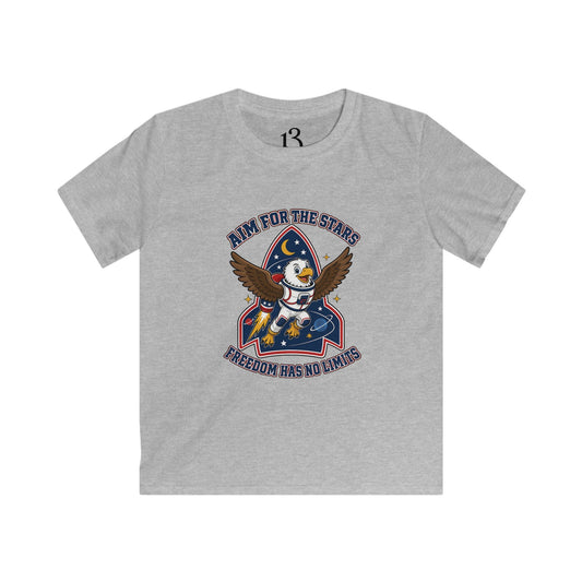 Kids Aim for the Stars T-shirt with astronaut eagle riding a rocket