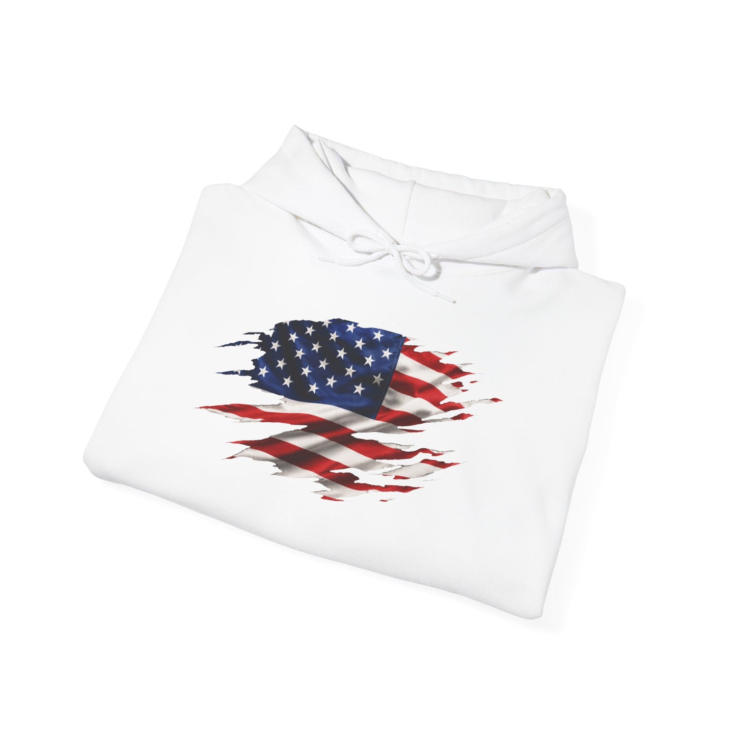 American Flag Ripped Design Hoodie — Distressed USA Flag Pullover