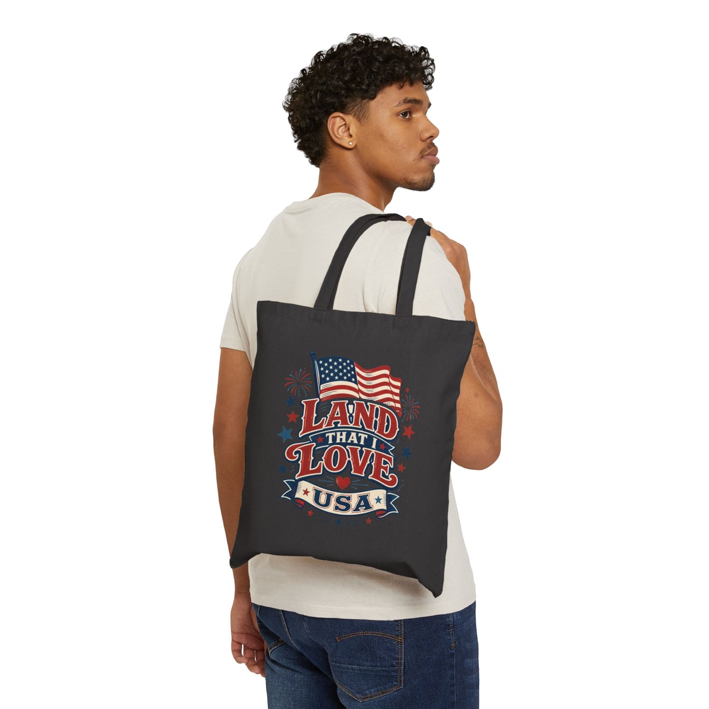 Patriotic "Land That I Love" Cotton Tote Bag — USA Flag Fourth of July Grocery & Beach Bag