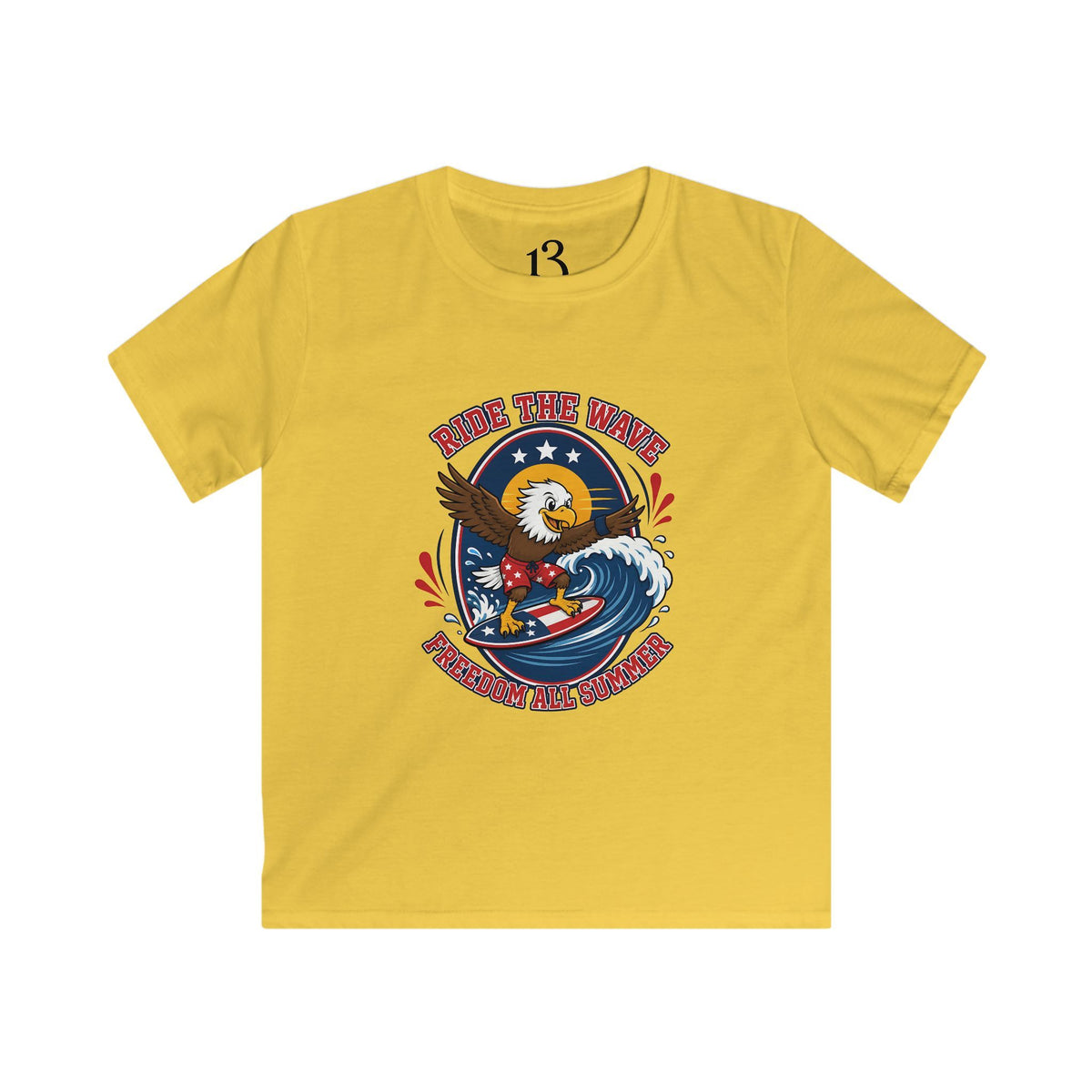 Kids T-Shirt — "Ride the Wave" Patriotic Eagle Surf Design