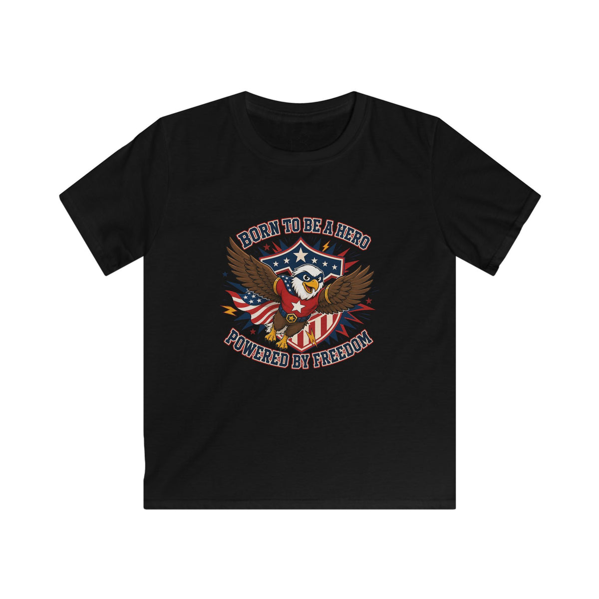 Front view of black kids T-shirt with a patriotic superhero eagle and “Born to Be a Hero, Powered by Freedom” lettering.