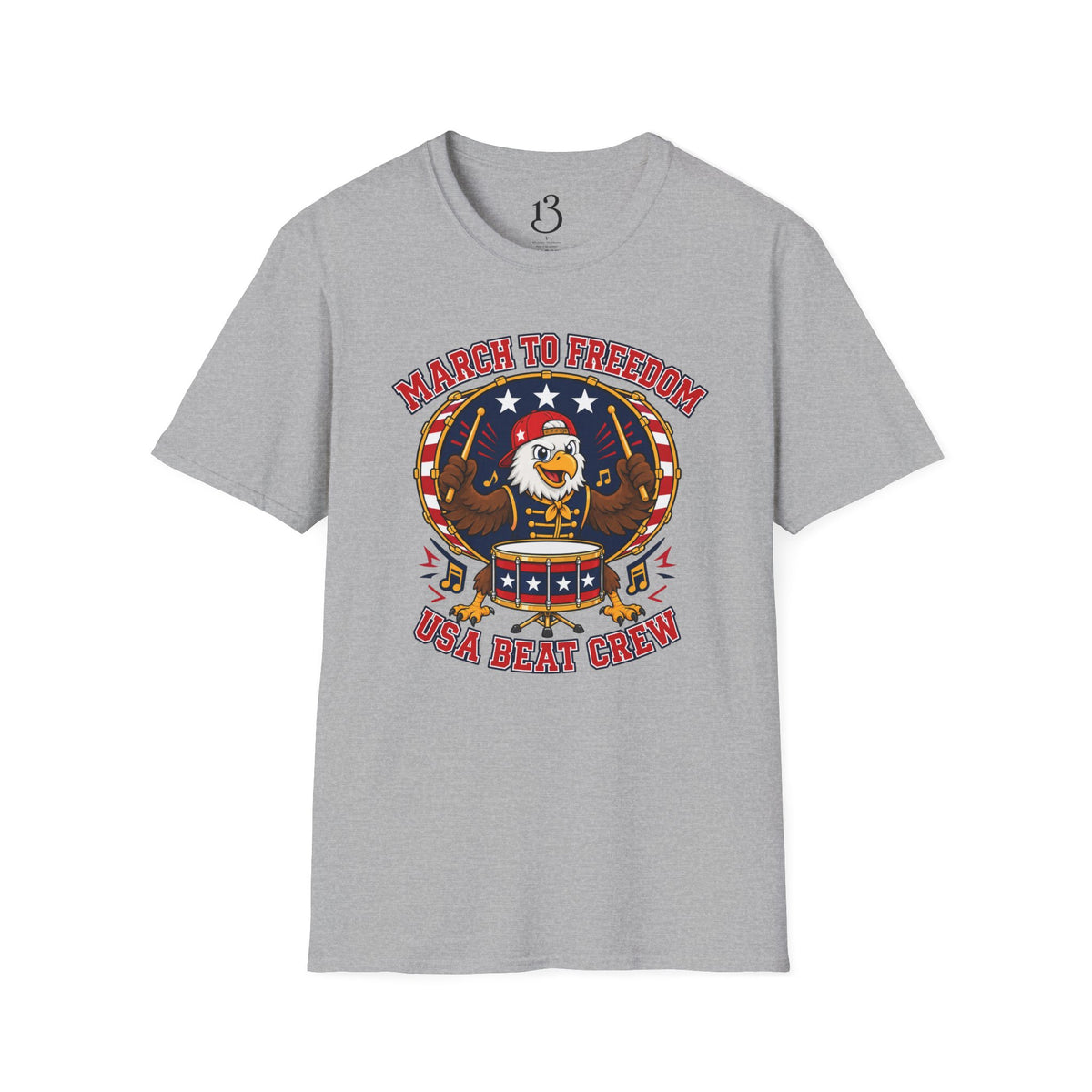 Adult March to Freedom USA Beat Crew T-shirt with patriotic eagle drummer
