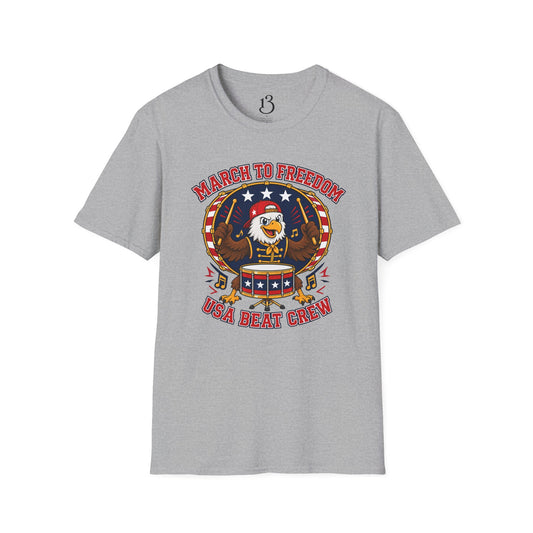 Adult March to Freedom USA Beat Crew T-shirt with patriotic eagle drummer