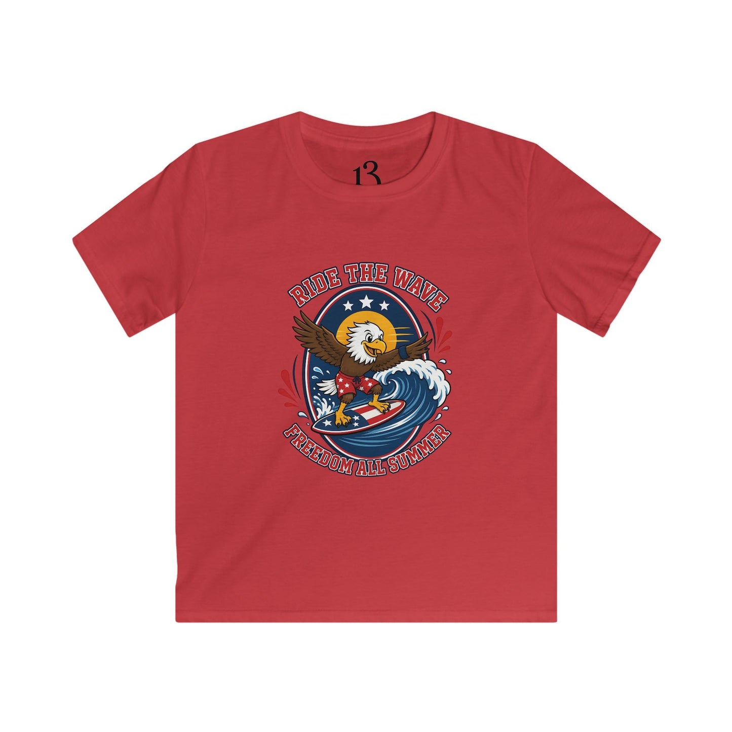 Kids T-Shirt — "Ride the Wave" Patriotic Eagle Surf Design
