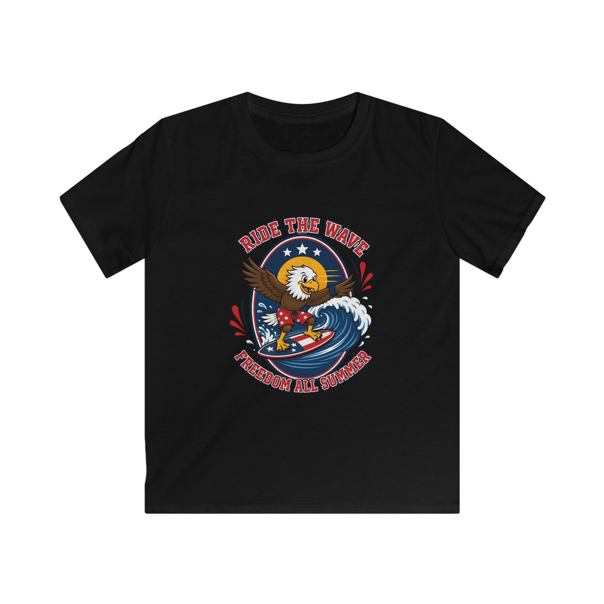 Kids T-Shirt — "Ride the Wave" Patriotic Eagle Surf Design