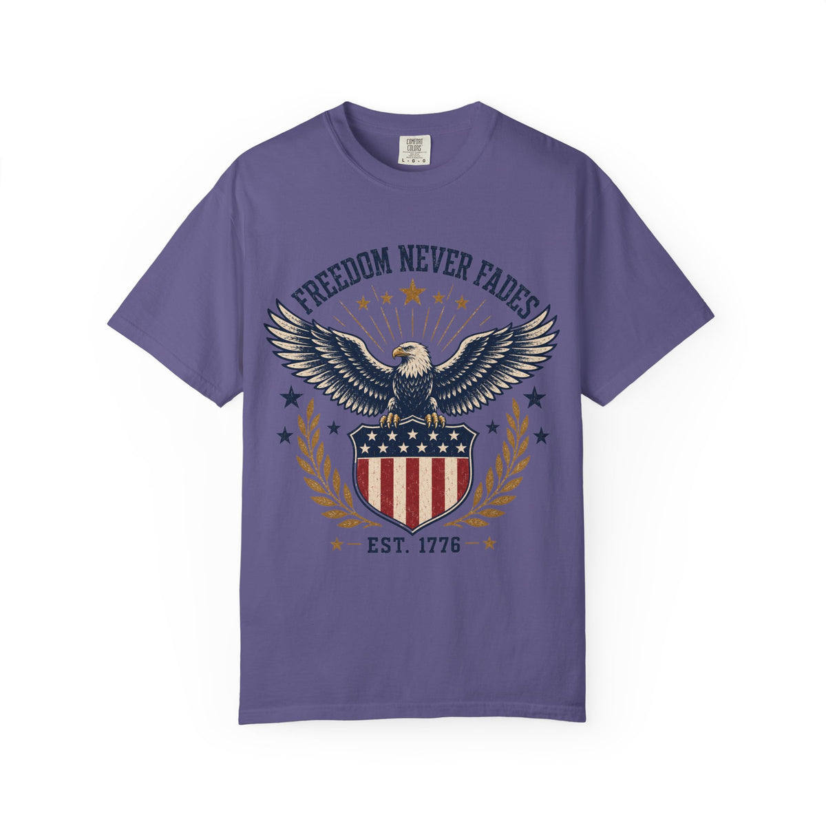 Freedom Never Fades T-Shirt — Vintage Eagle Shield Patriotic Tee (Est. 1776)