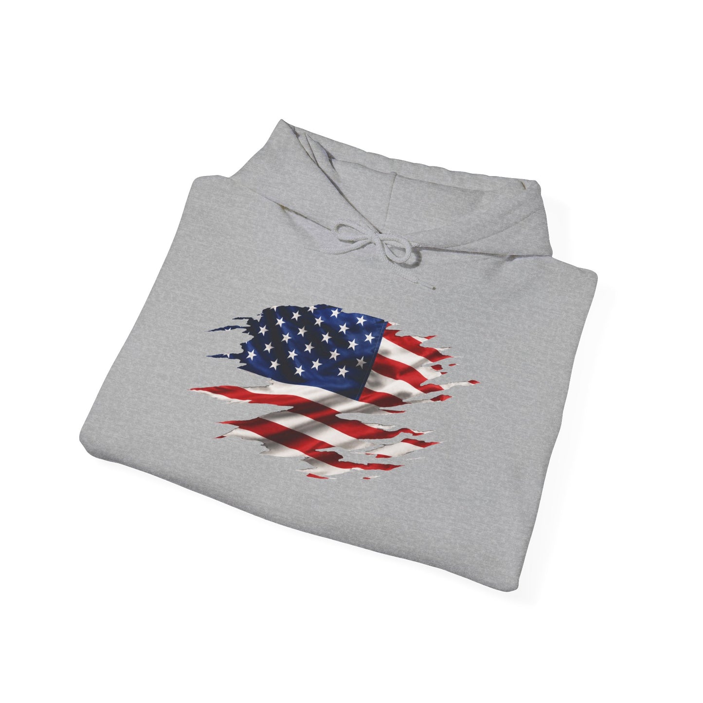 American Flag Ripped Design Hoodie — Distressed USA Flag Pullover