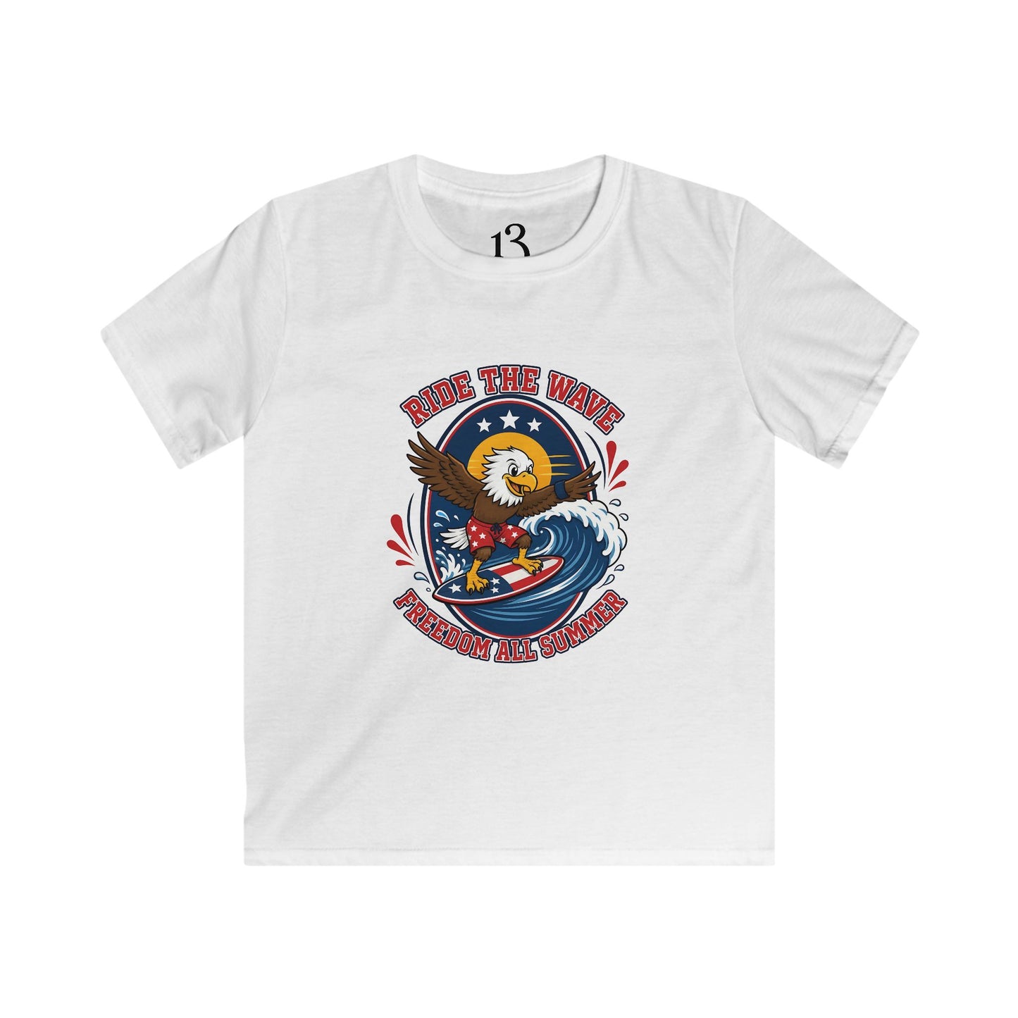 Kids T-Shirt — "Ride the Wave" Patriotic Eagle Surf Design