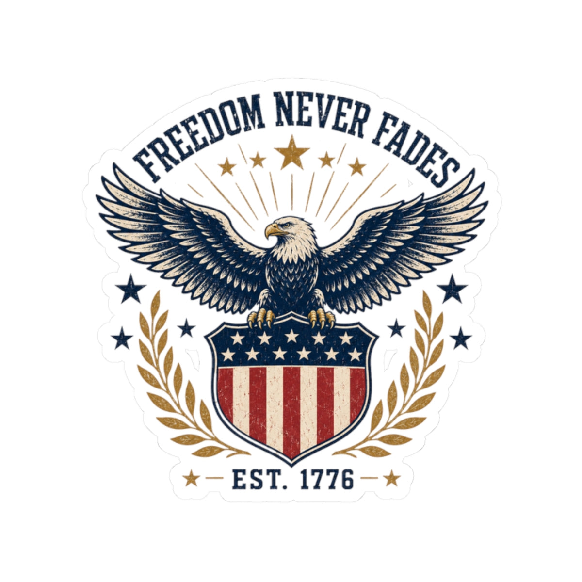 Freedom Never Fades Eagle Sticker — Patriotic Kiss-Cut Decal (Est. 1776)