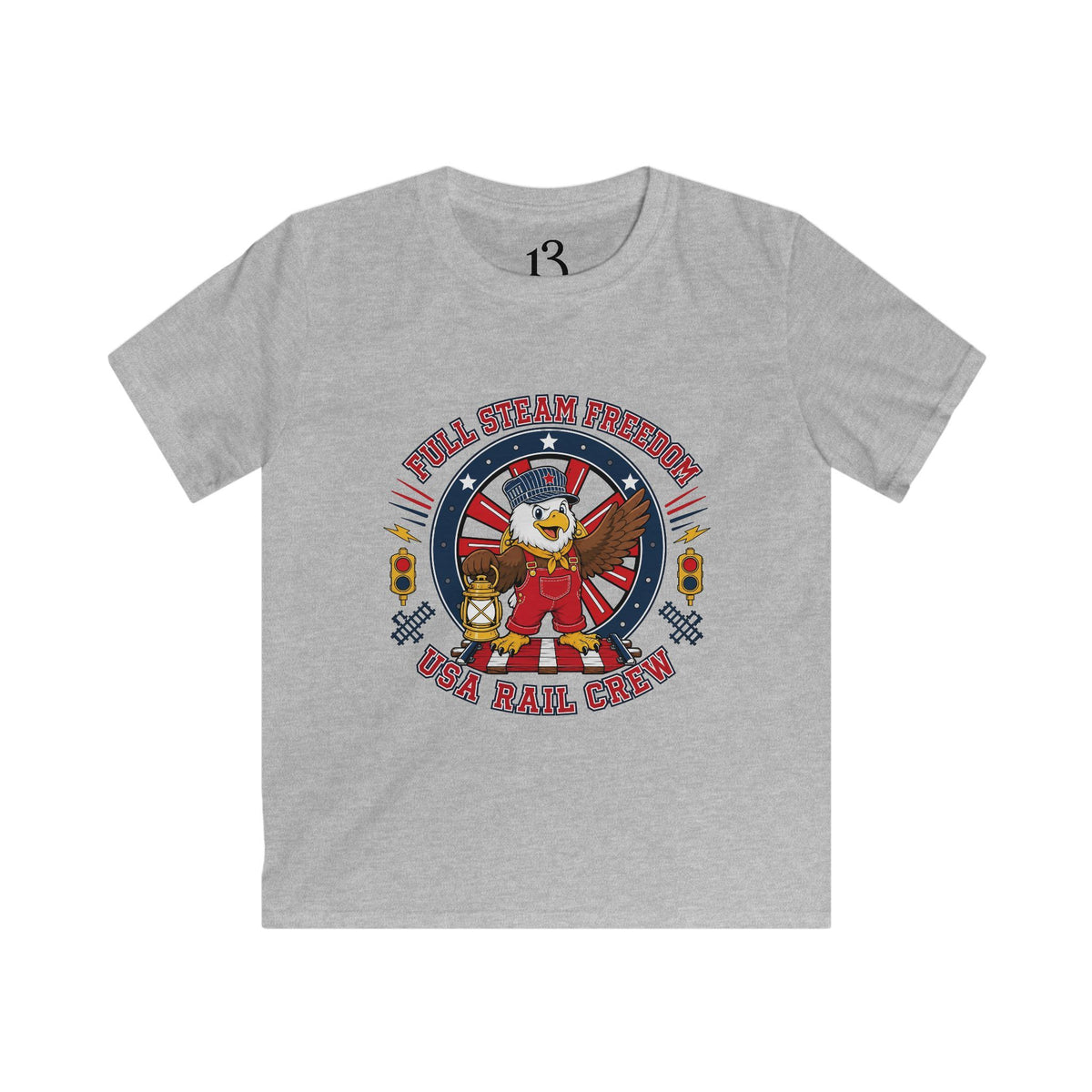 Kids Full Steam Freedom USA Rail Crew T-shirt with cartoon eagle train engineer