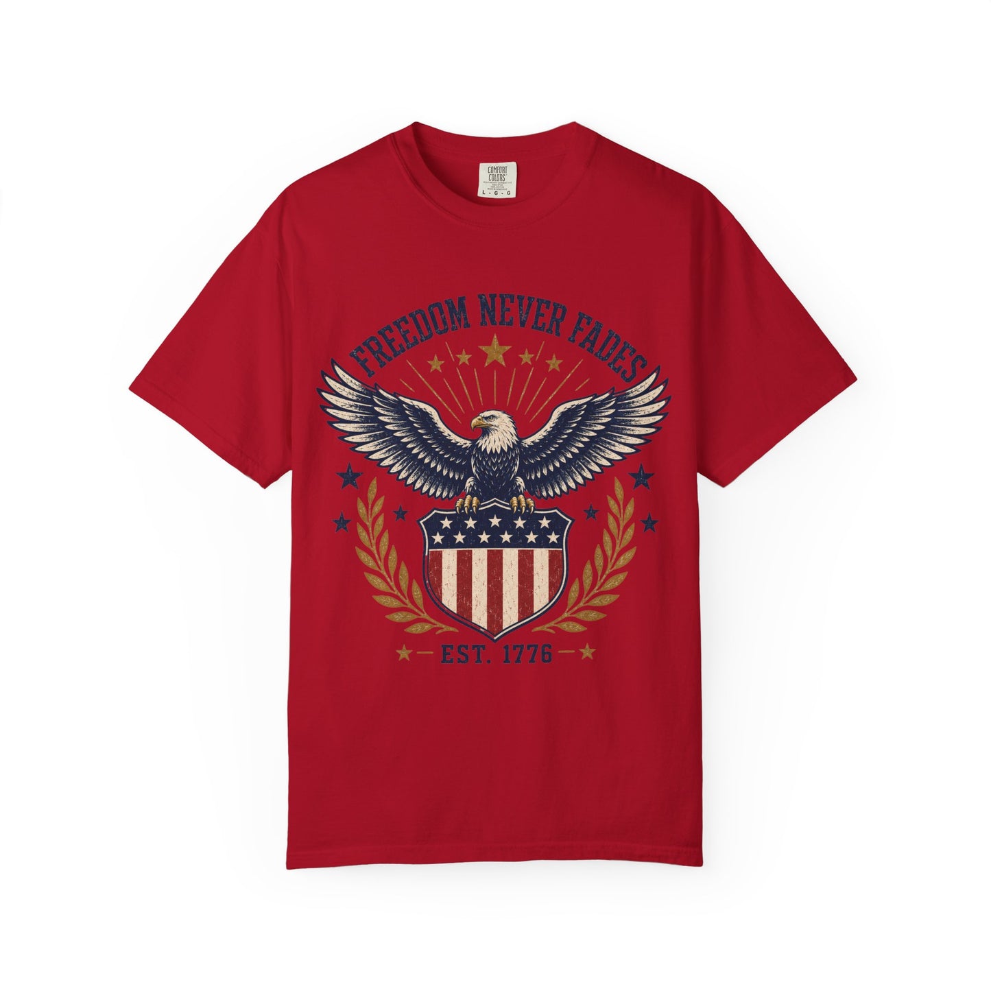 Freedom Never Fades T-Shirt — Vintage Eagle Shield Patriotic Tee (Est. 1776)