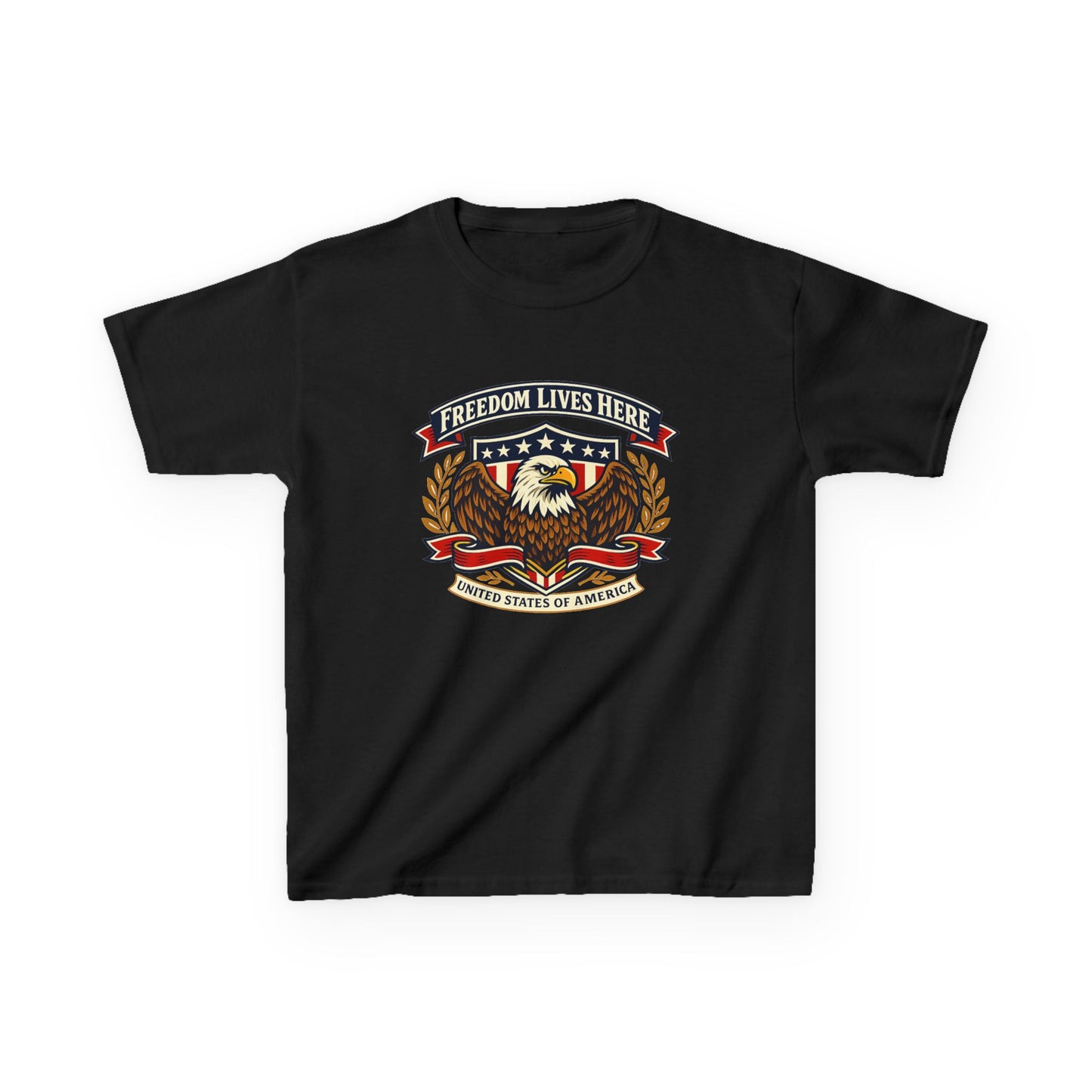 Kids T-Shirt — 'Freedom Lives Here' Eagle Patriotic Tee (Fourth of July, Memorial Day)