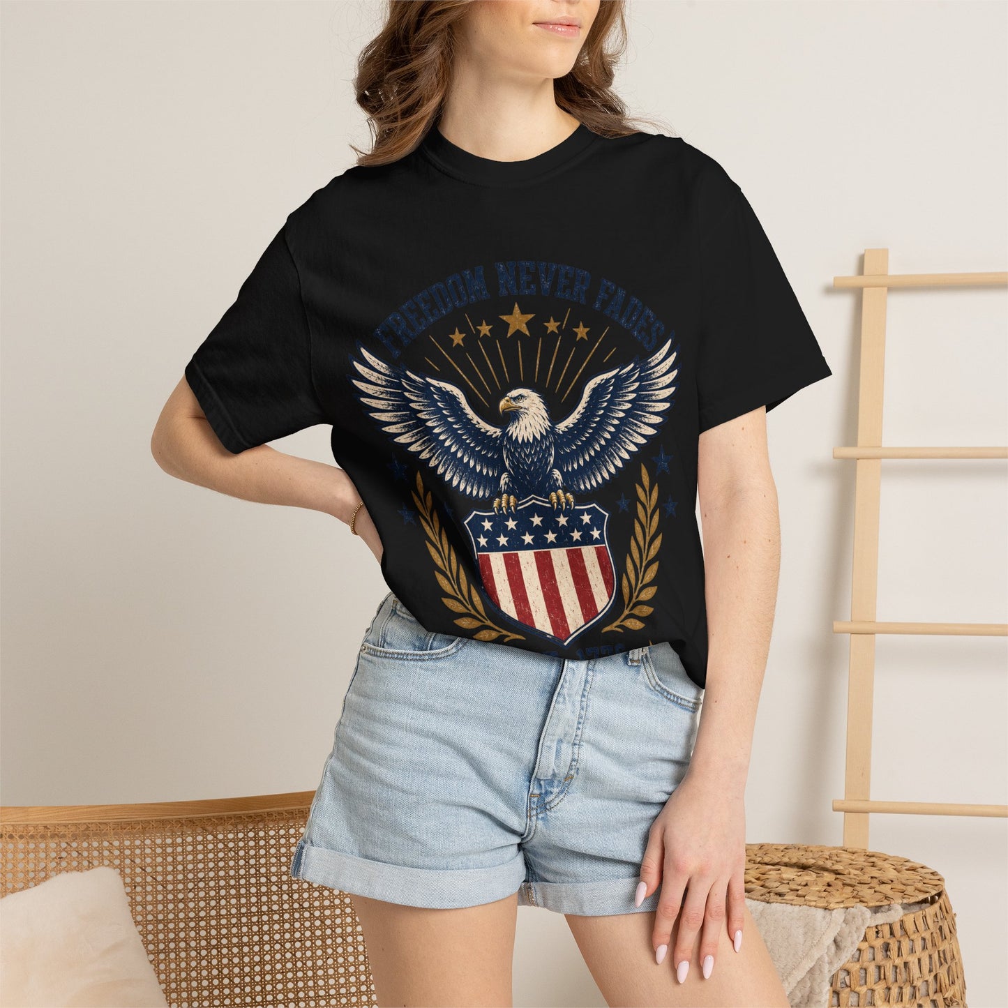 Freedom Never Fades T-Shirt — Vintage Eagle Shield Patriotic Tee (Est. 1776)