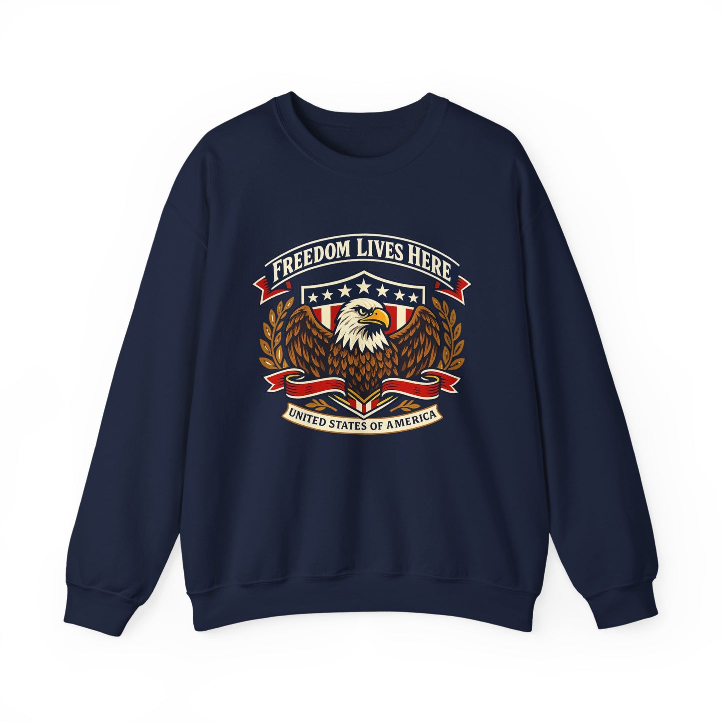 Freedom Lives Here Eagle Crewneck Sweatshirt — Patriotic USA Flag Design
