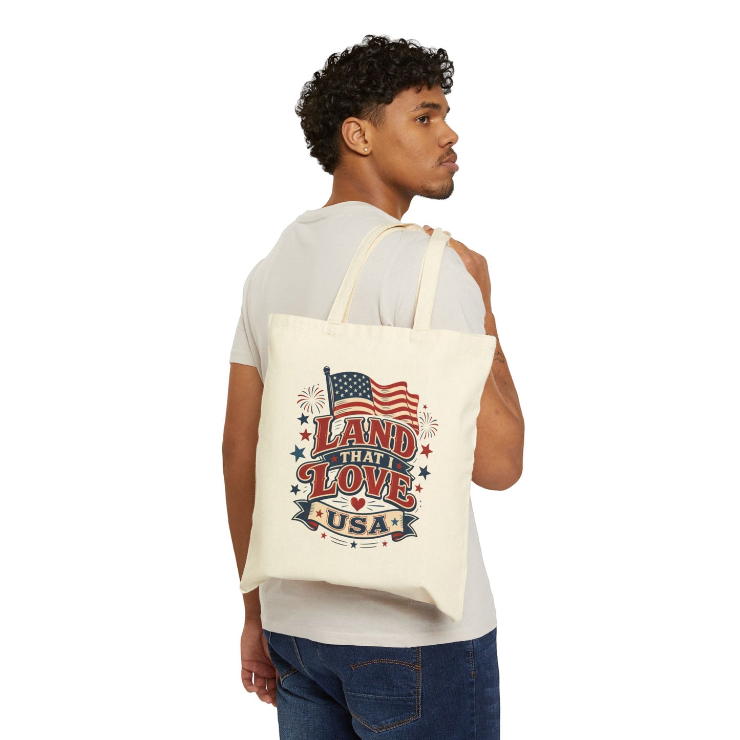 Patriotic "Land That I Love" Cotton Tote Bag — USA Flag Fourth of July Grocery & Beach Bag