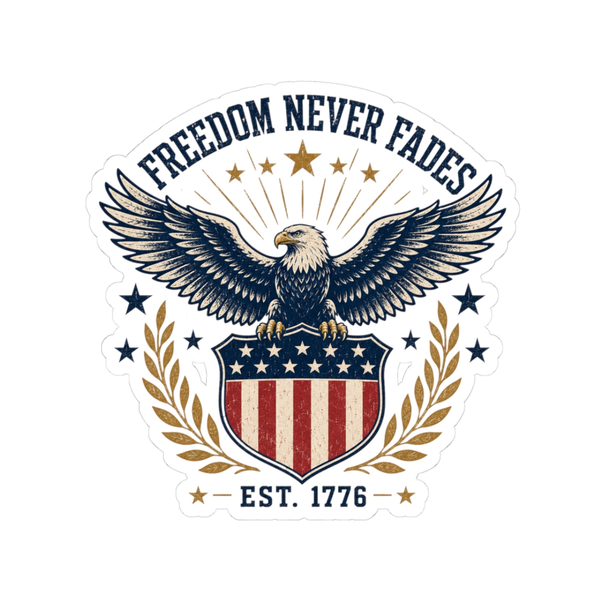Freedom Never Fades Eagle Sticker — Patriotic Kiss-Cut Decal (Est. 1776)