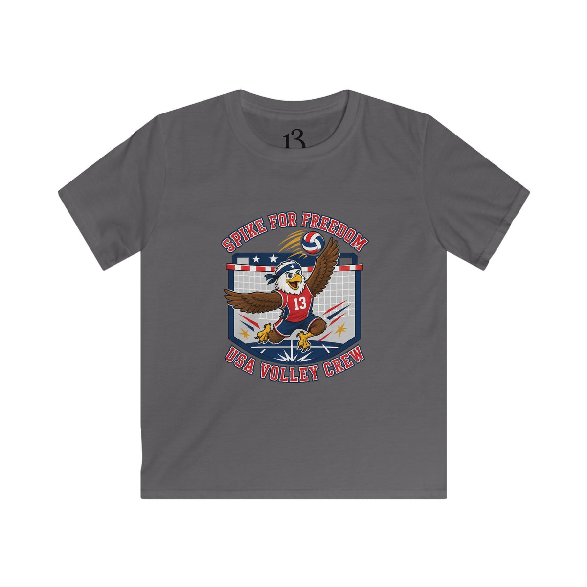 Kids Volleyball T‑Shirt — Eagle Playing Volleyball Graphic (Cheer For Victory)