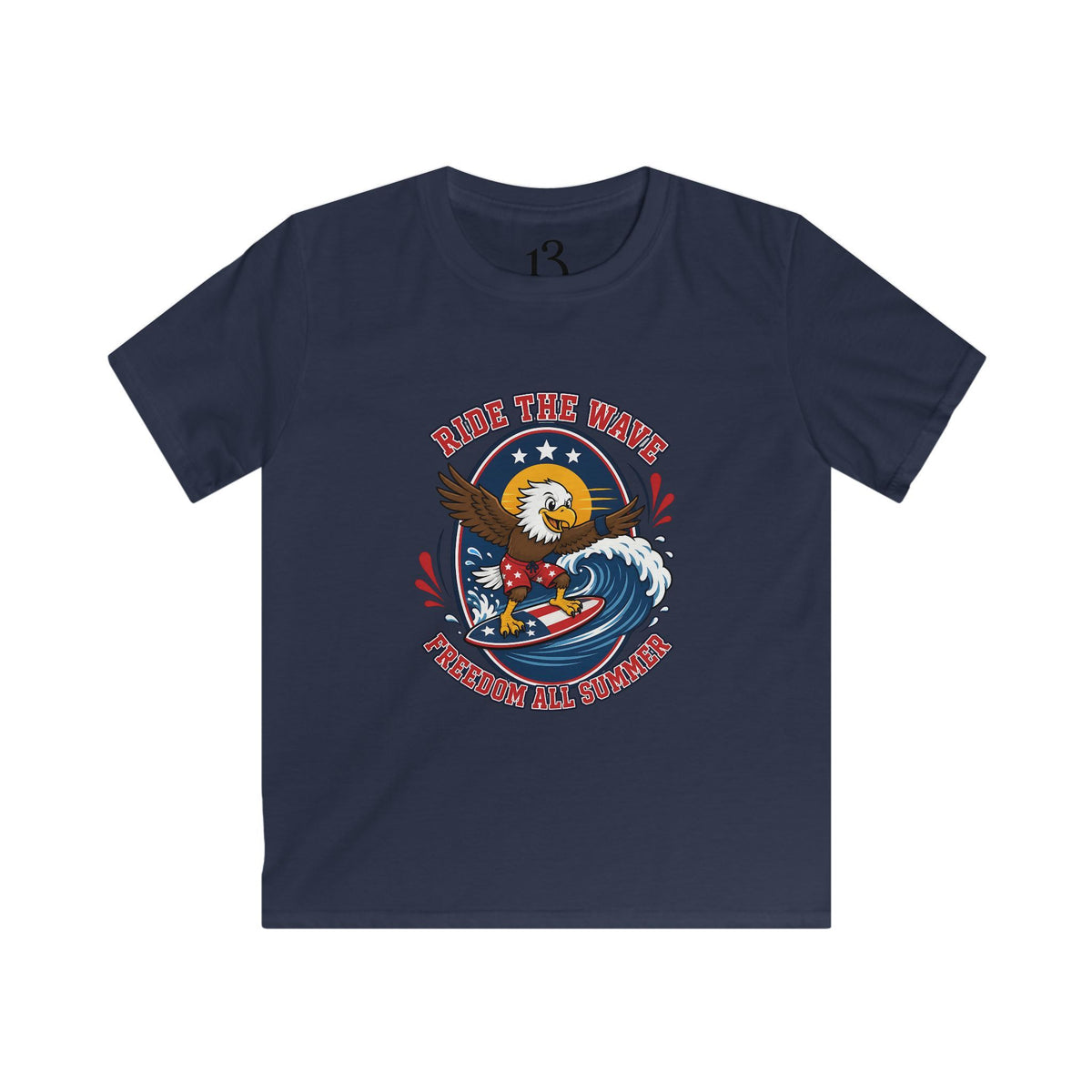 Kids T-Shirt — "Ride the Wave" Patriotic Eagle Surf Design