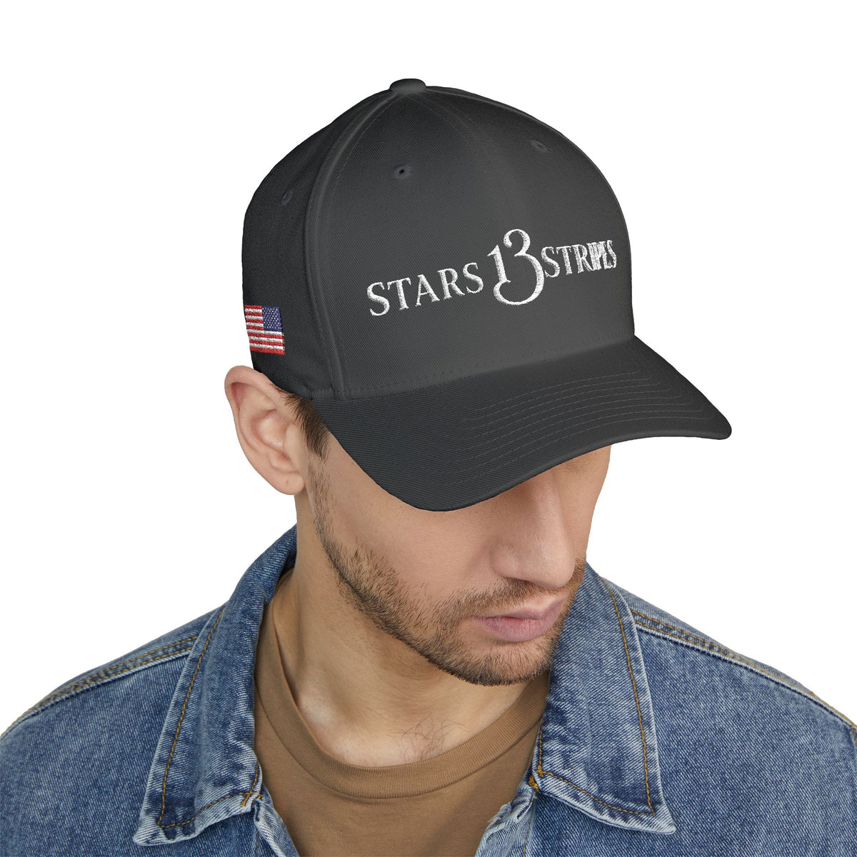 Stars13stripeS Embroidered Enclosed Back Cap White Font