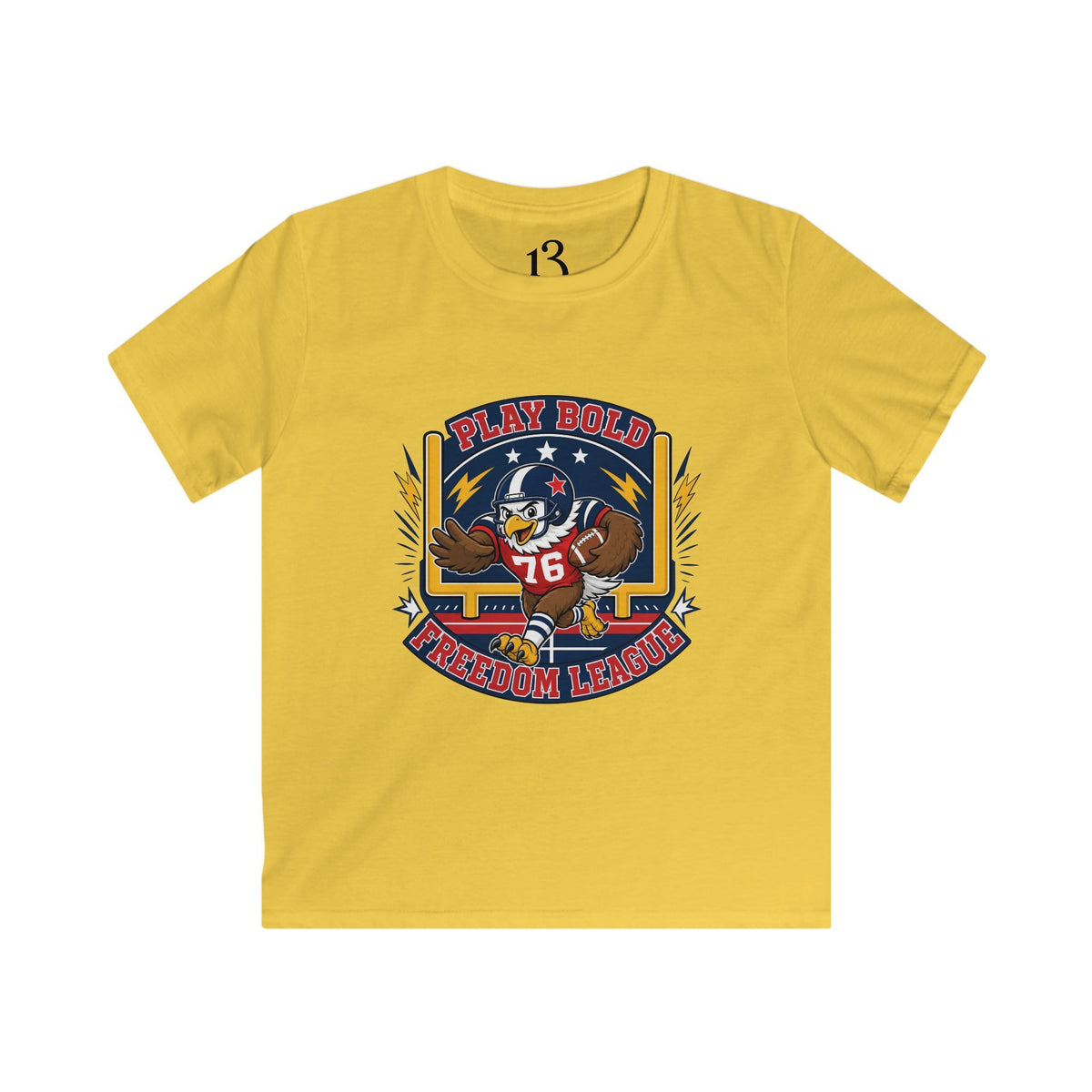 Kids Football Tee — "Play Bold: Freedom League" Retro Mascot Shirt