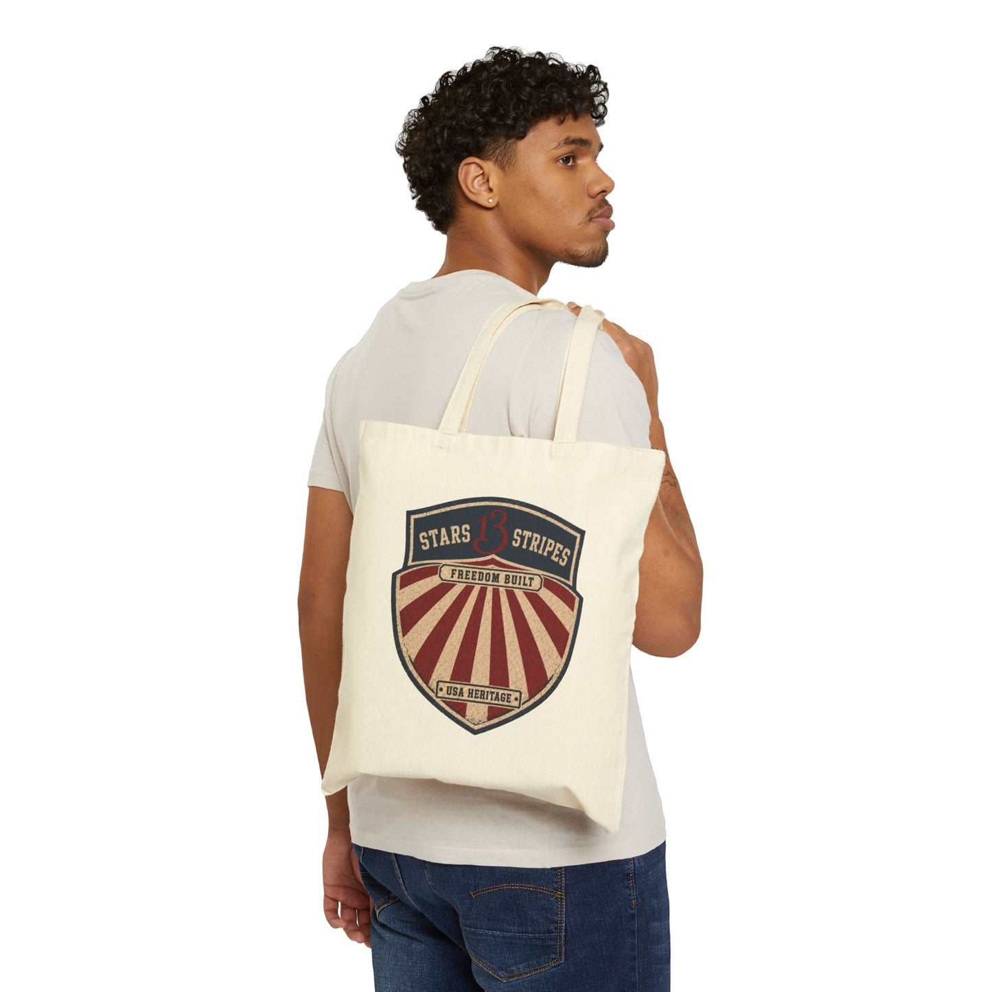 Retro American Shield Tote Bag — "Stars13stripeS" Cotton Canvas Tote