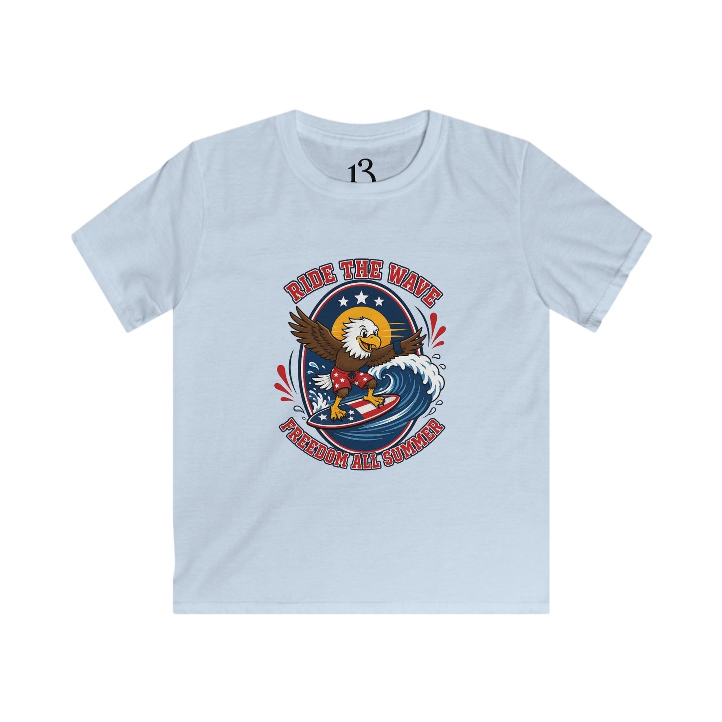 Kids T-Shirt — "Ride the Wave" Patriotic Eagle Surf Design