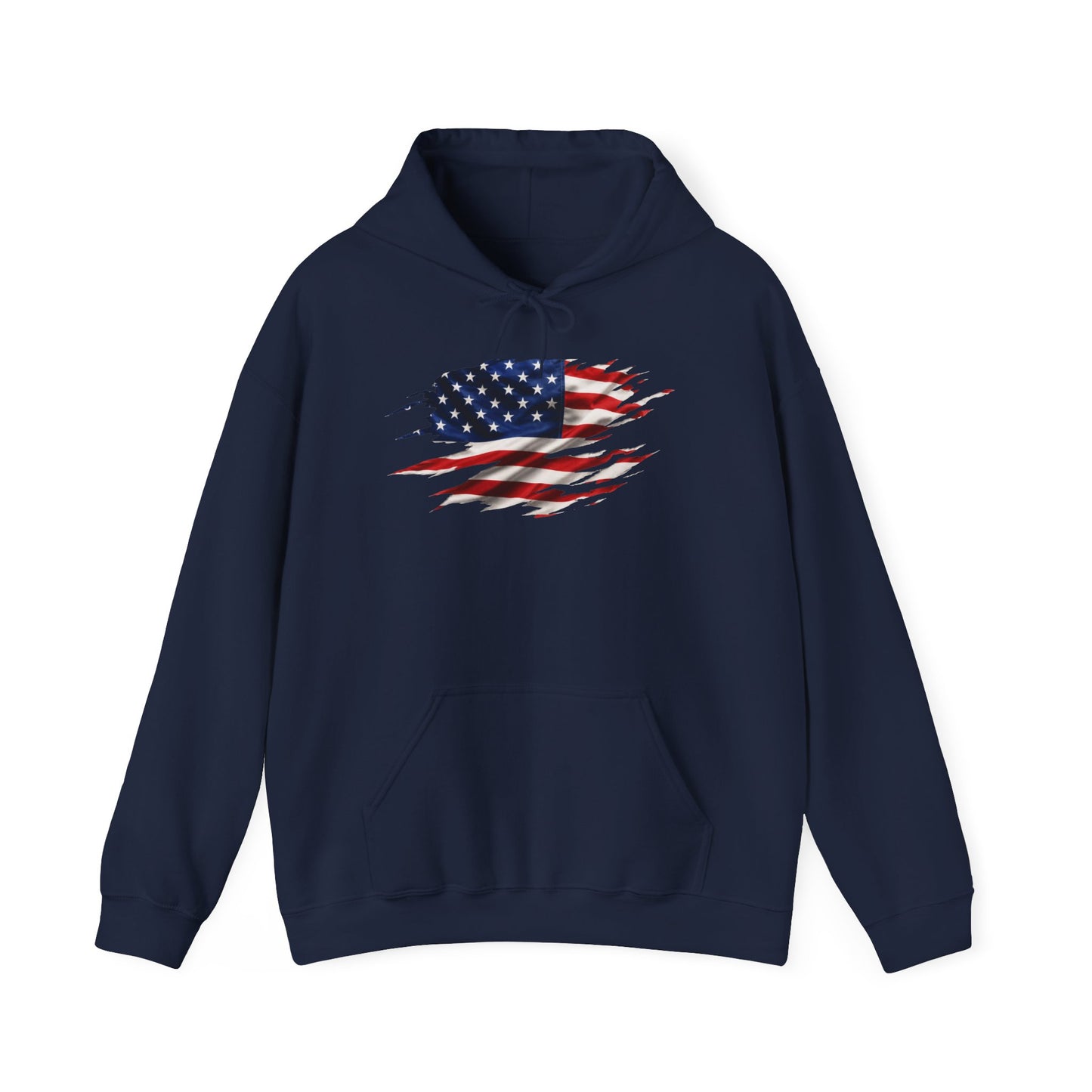American Flag Ripped Design Hoodie — Distressed USA Flag Pullover