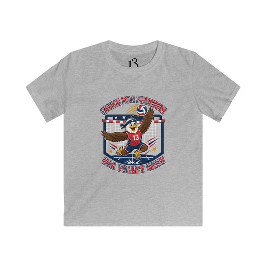 Kids Volleyball T‑Shirt — Eagle Playing Volleyball Graphic (Cheer For Victory)