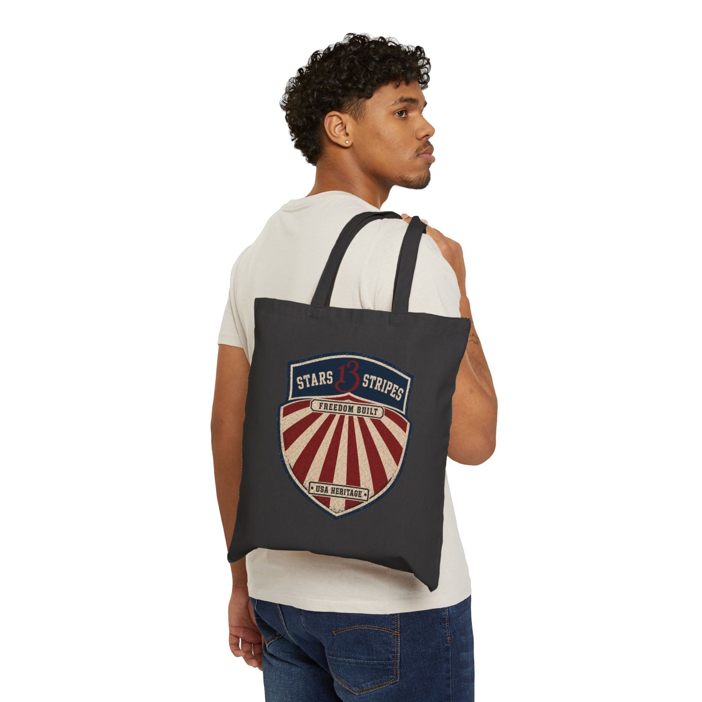 Retro American Shield Tote Bag — "Stars13stripeS" Cotton Canvas Tote