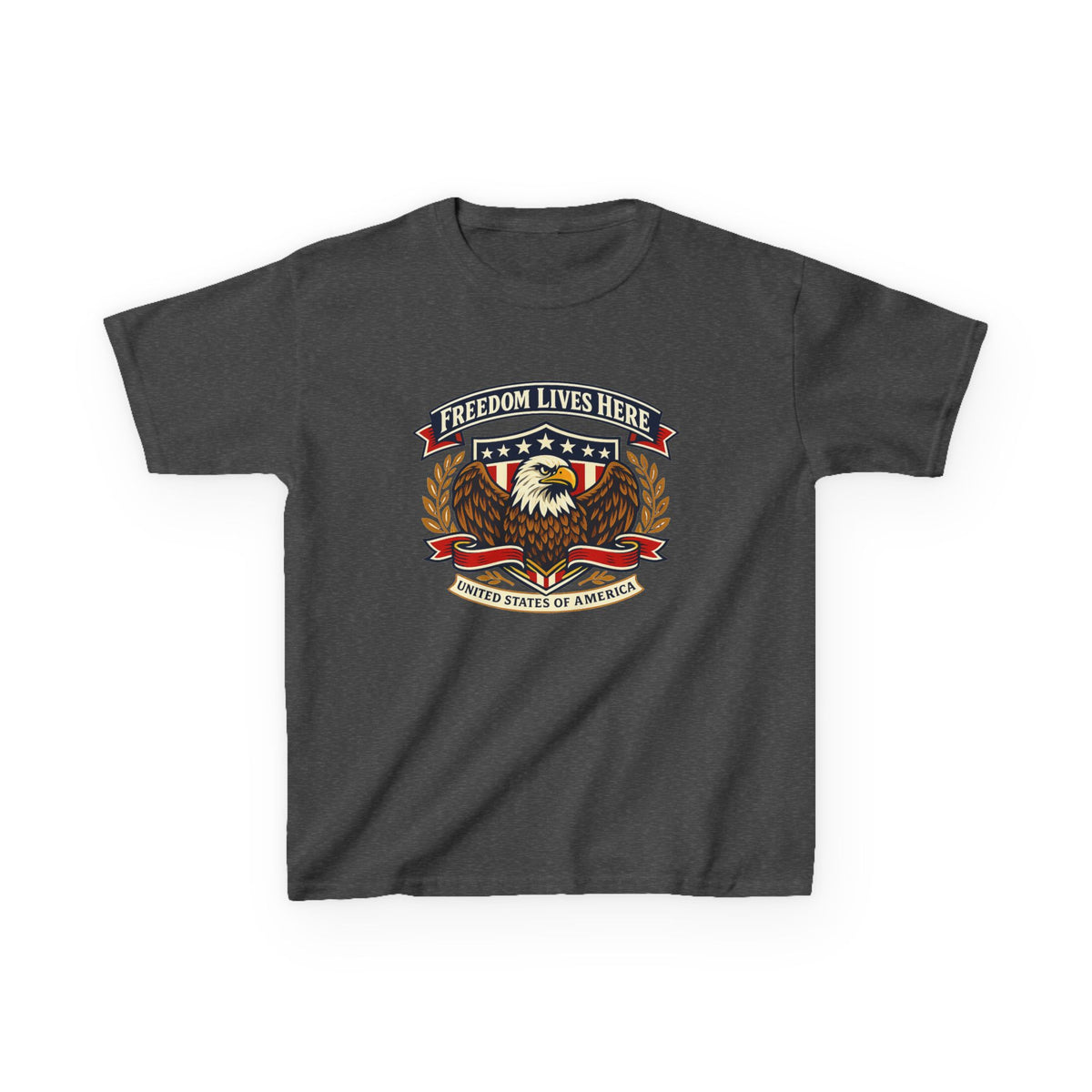 Kids T-Shirt — 'Freedom Lives Here' Eagle Patriotic Tee (Fourth of July, Memorial Day)