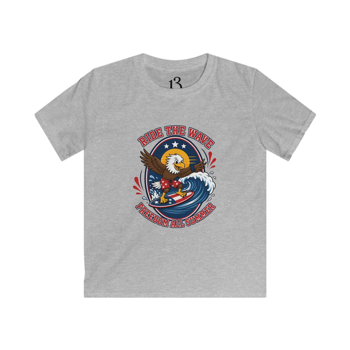 Kids T-Shirt — "Ride the Wave" Patriotic Eagle Surf Design