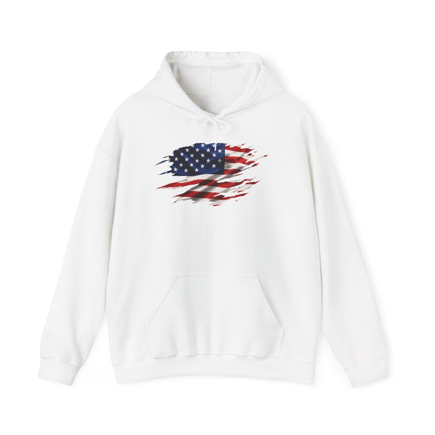 American Flag Ripped Design Hoodie — Distressed USA Flag Pullover
