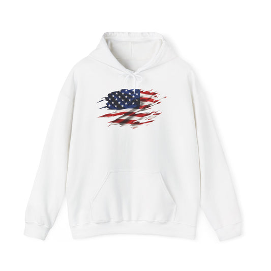 American Flag Ripped Design Hoodie — Distressed USA Flag Pullover