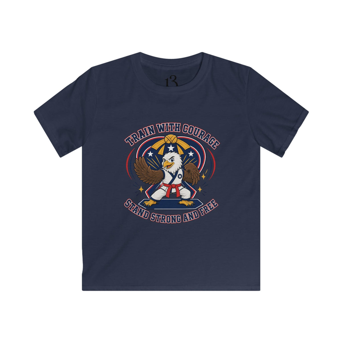 Kids Tee — "Train With Courage, Stand Strong And Free" Patriotic Martial Arts Penguin Design